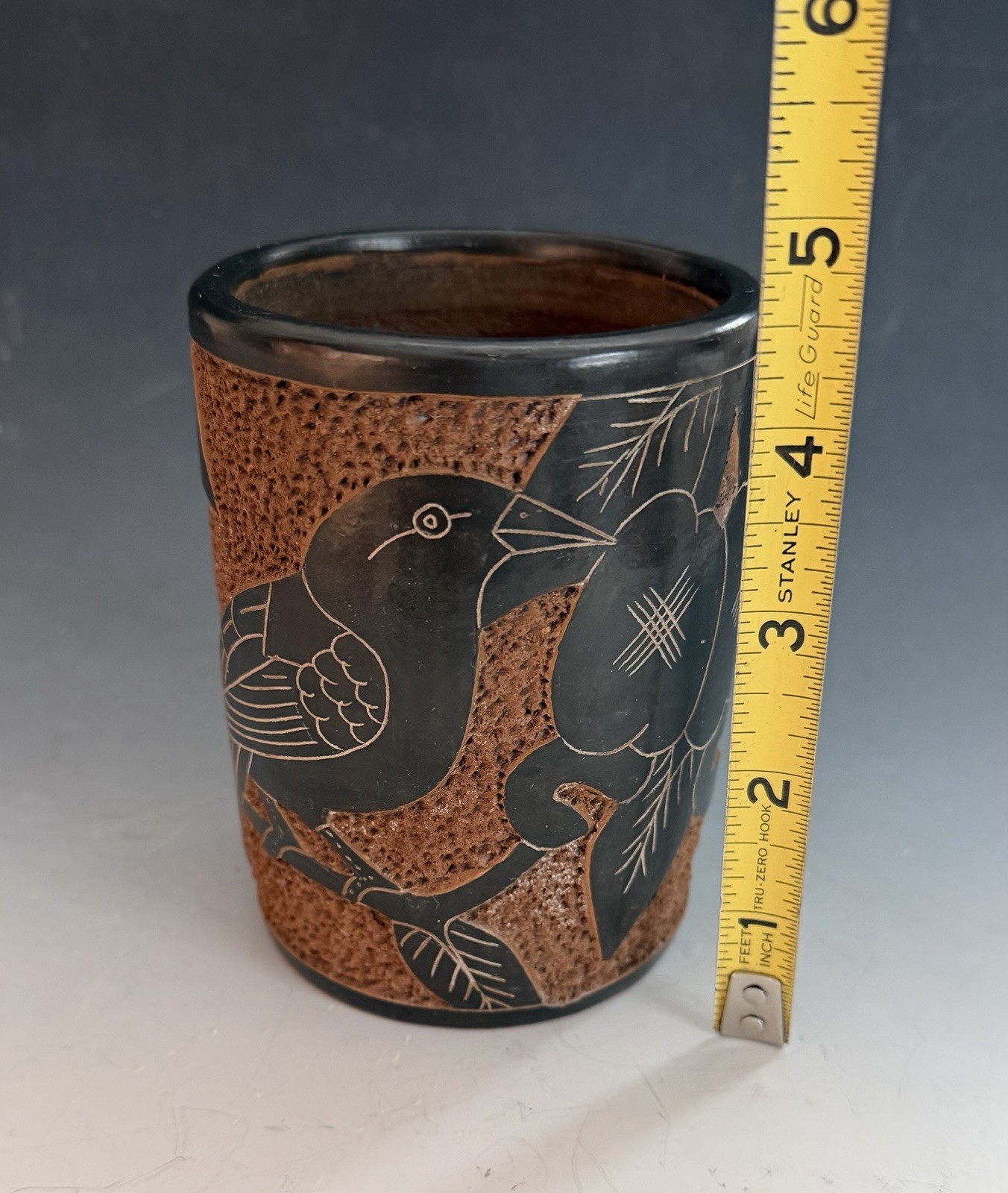 Sgraffito Handmade Etched Terracotta Vase Cup Holder Bird Fruit Carved