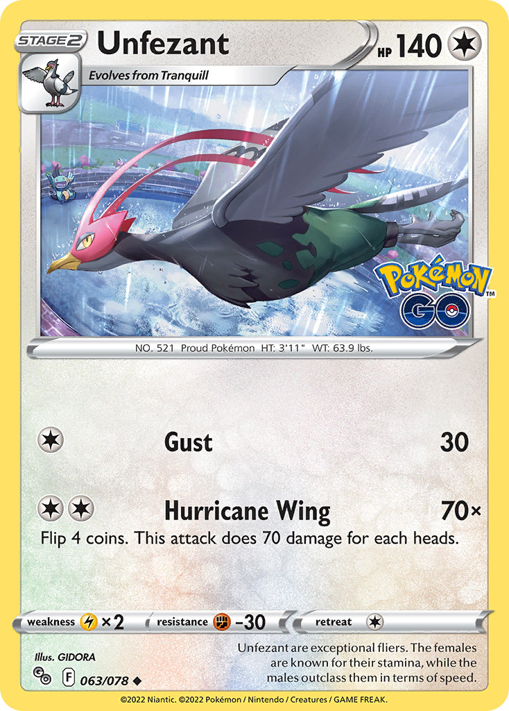 🔥 UNFEZANT 063/078 POKEMON GO UNCOMMON POKEMON NM/M GIDORA 🔥