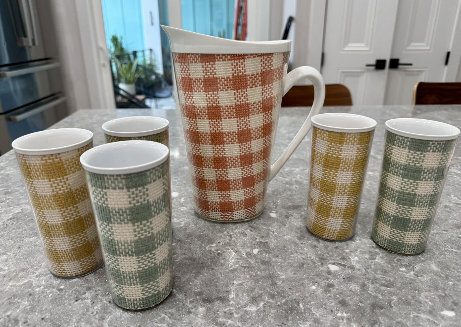 Vintage MCM Raffiaware Duo Temp Melmac Plaid Woven Burlap Pitcher & 5 Cups
