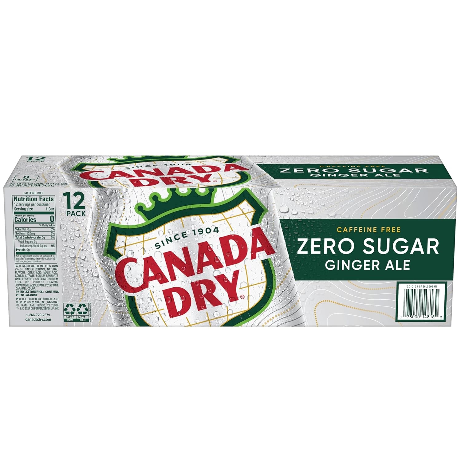 Canada Dry Zero Sugar Ginger Ale Soda, 12 fl oz cans, 12 pack