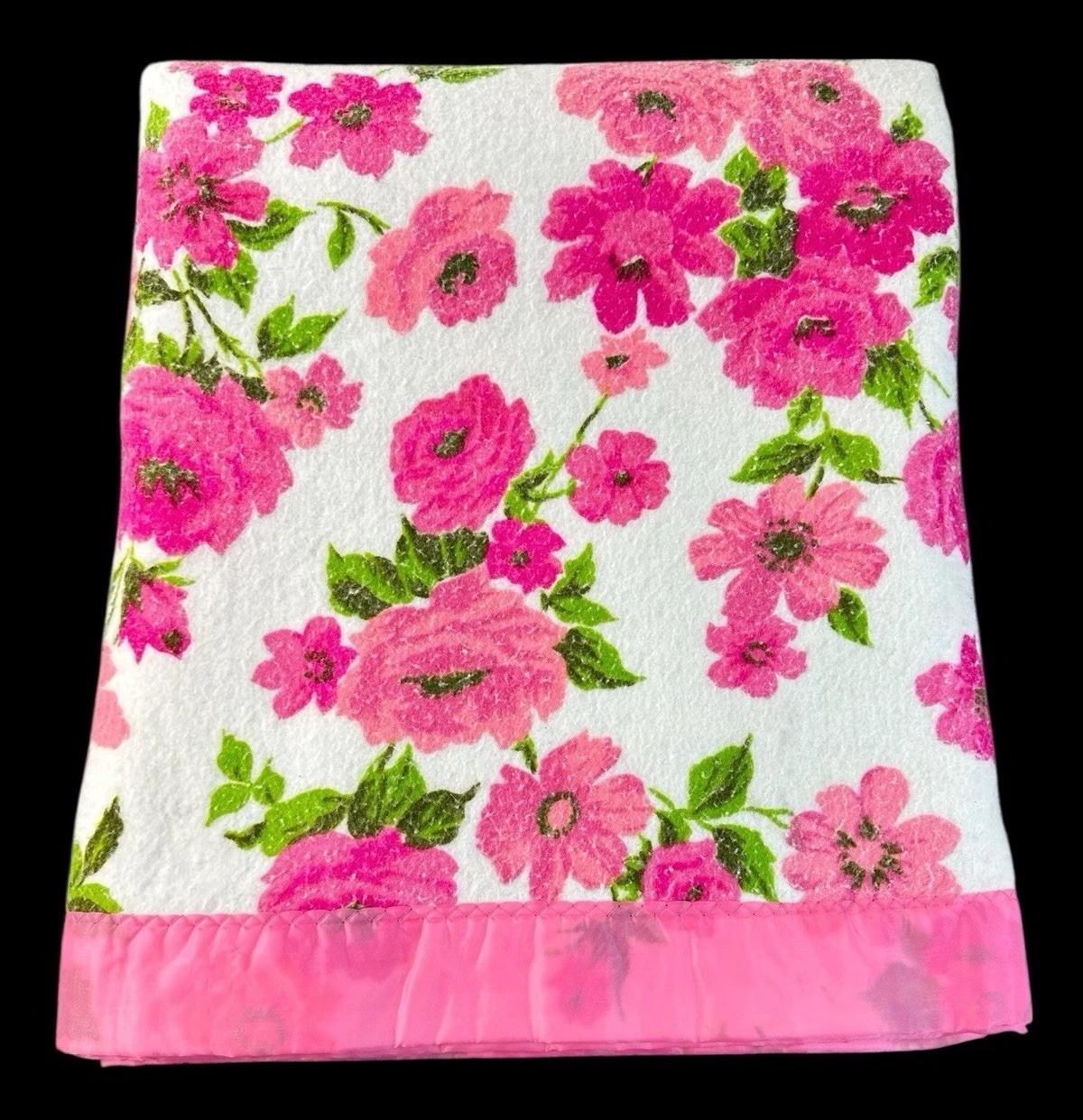 Vintage Floral Nylon Polyester Trim Pink Acrylic Blanket 88×70 Twin Full Double