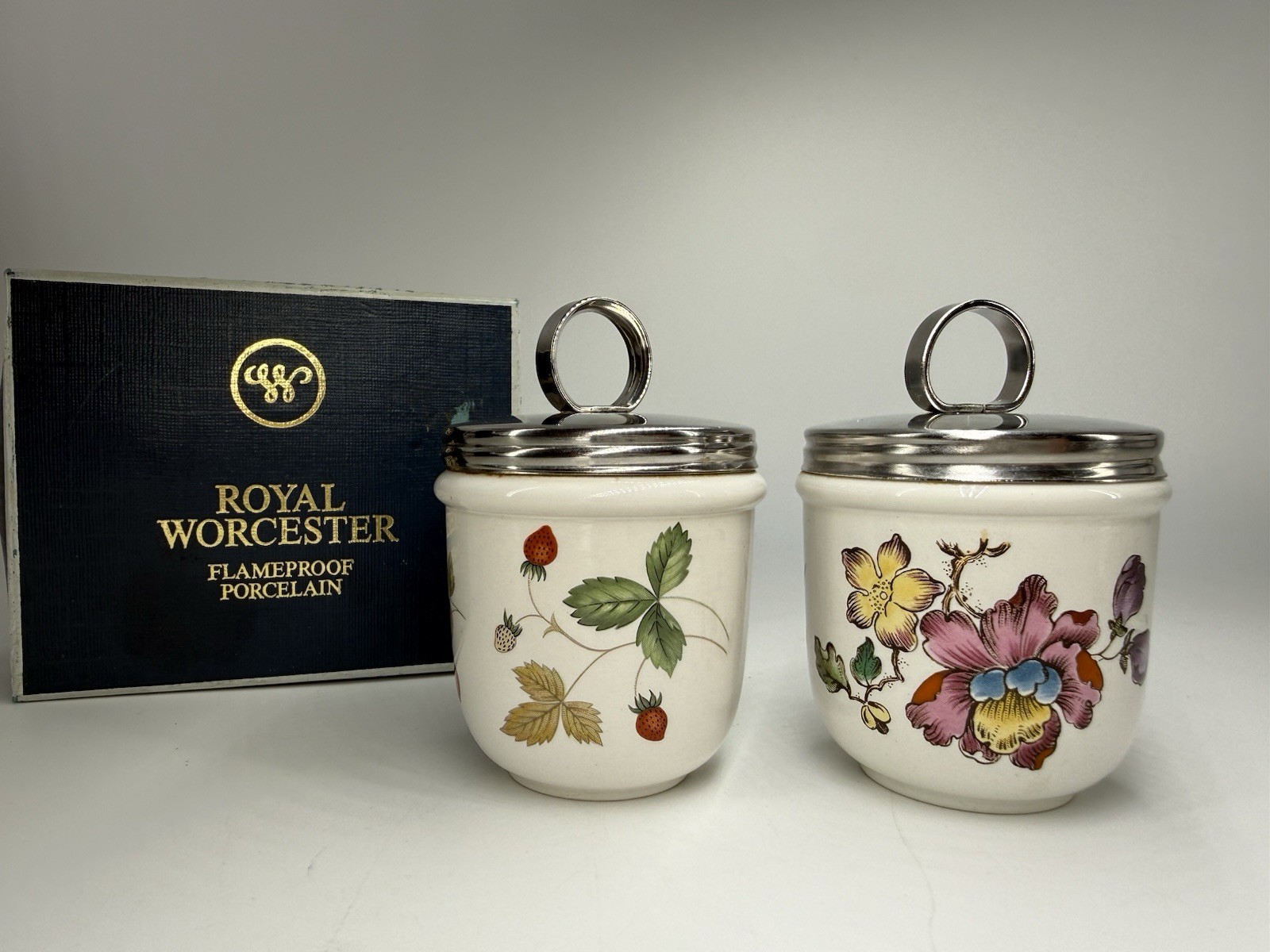 Vintage Royal Worcester Porcelain Egg Coddlers Floral W/Original Box Never Used