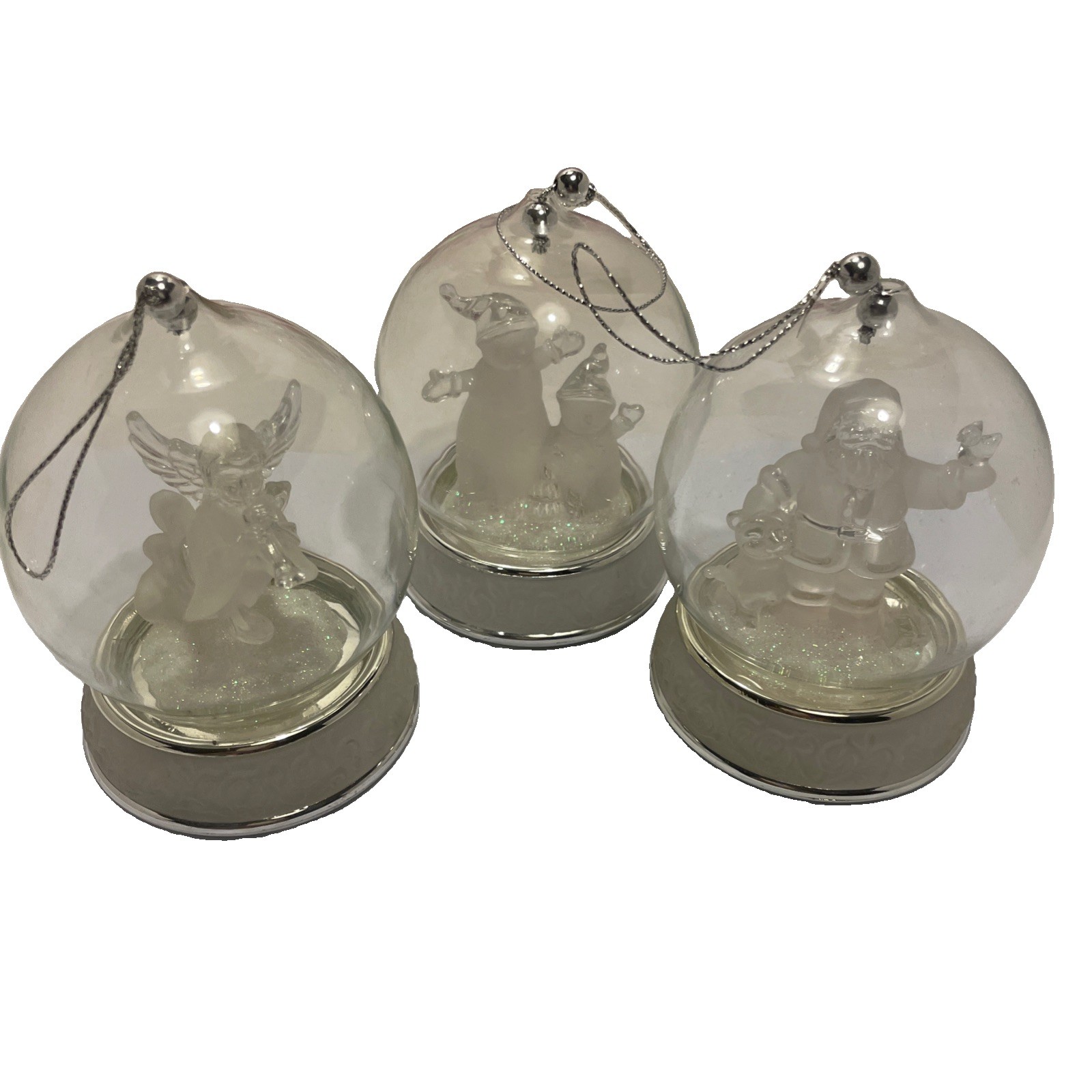 3 Vintage Frosted Glass Snow Globe Christmas Ornaments Angel Santa Claus. 4×3”