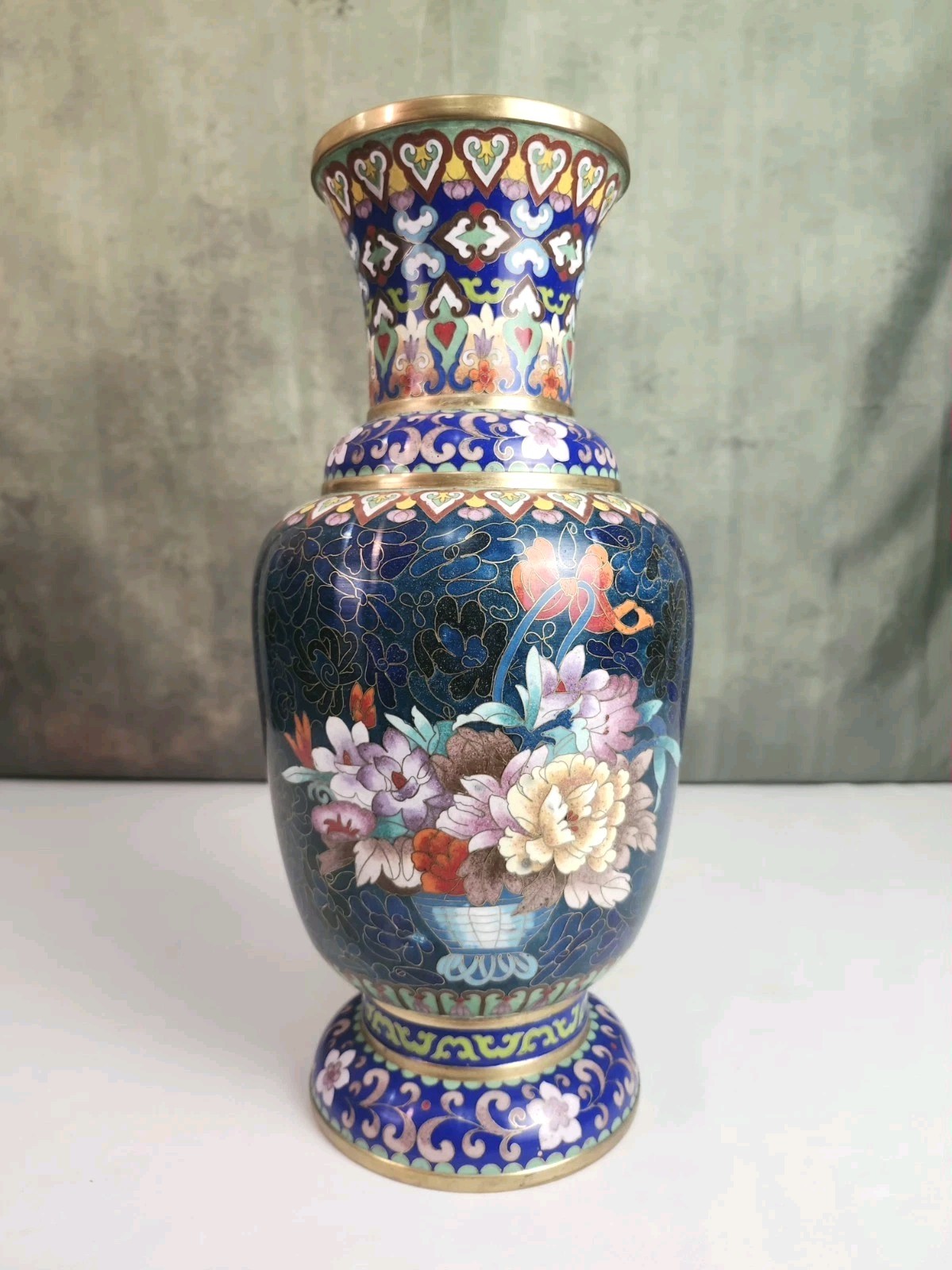Large Vintage Chinese Brass Cloisonne Enamel Floral Vase 15.25″ Blue Multicolor