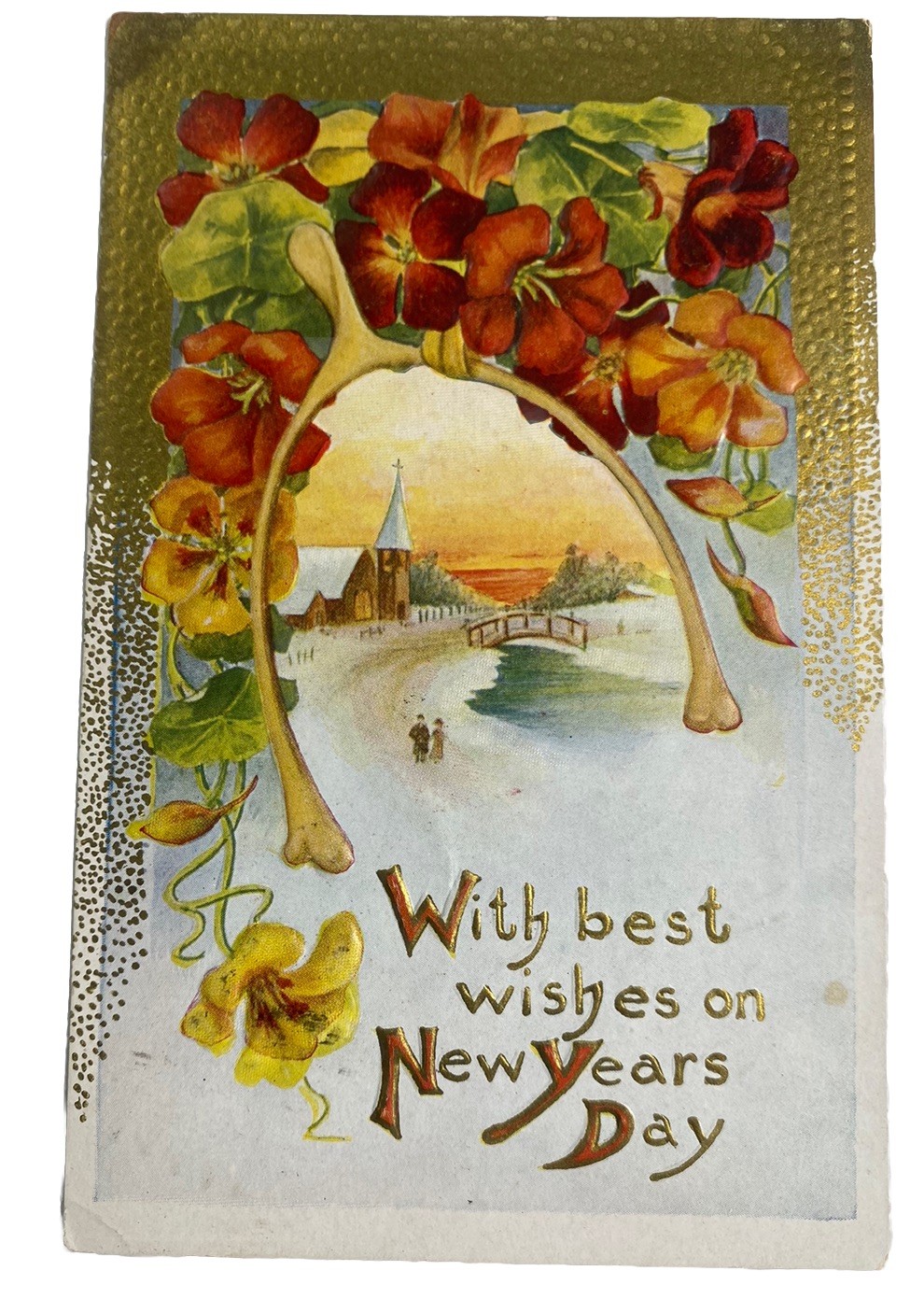 Happy New Year Wishbone Floral Winter Landscape ~ Antique 1910s Holiday Postcard