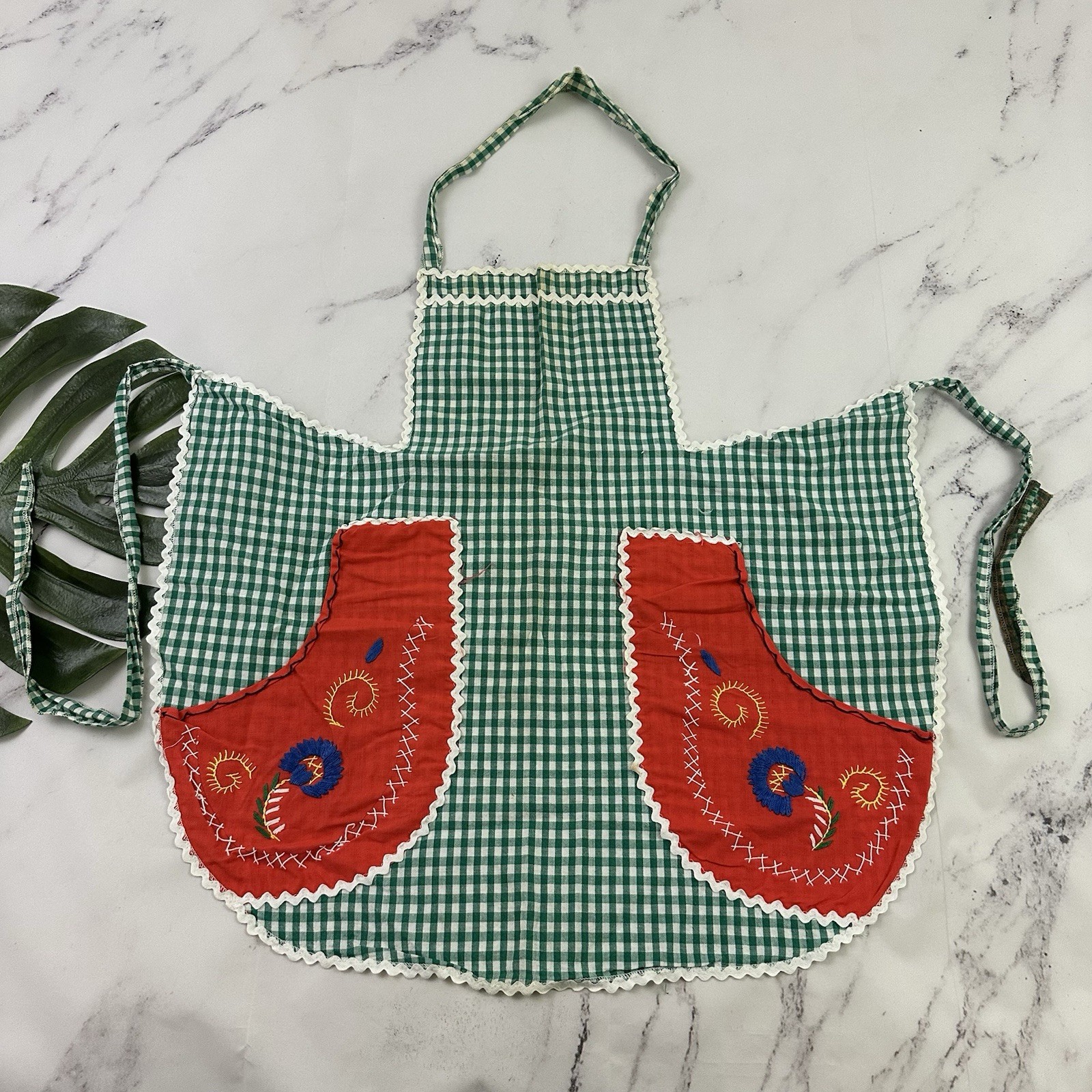Vintage 60s Handmade Apron Green Check Gingham Red Embroidered Floral Ricrac