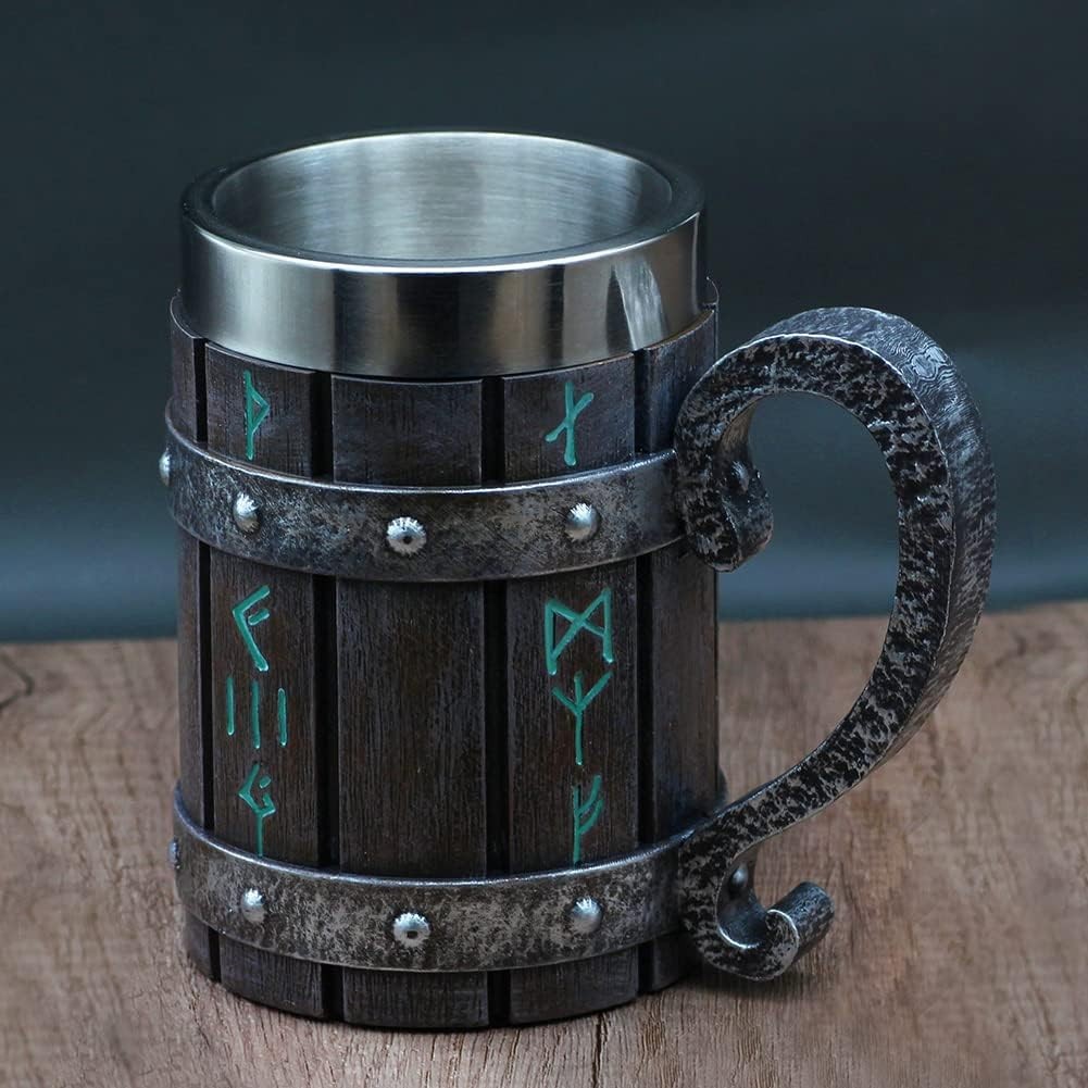 Unique Viking Rune Mug – 13oz Retro Wooden and Stainless Steel Beer Tankard Gift