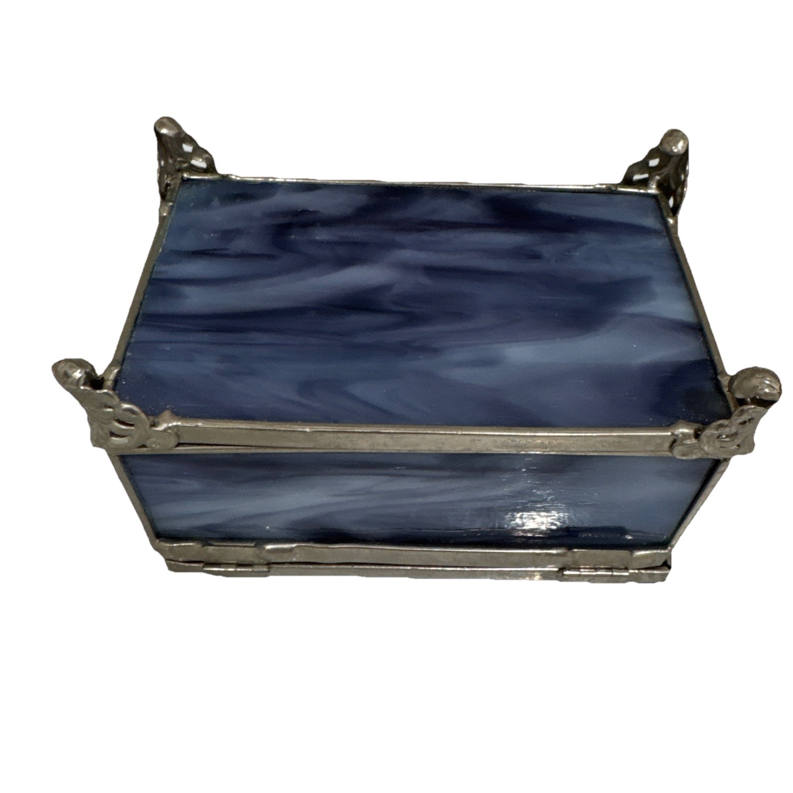 Stained Glass Trinket Box Butterfly Handle Cat Design Lid Silver Tone Accents