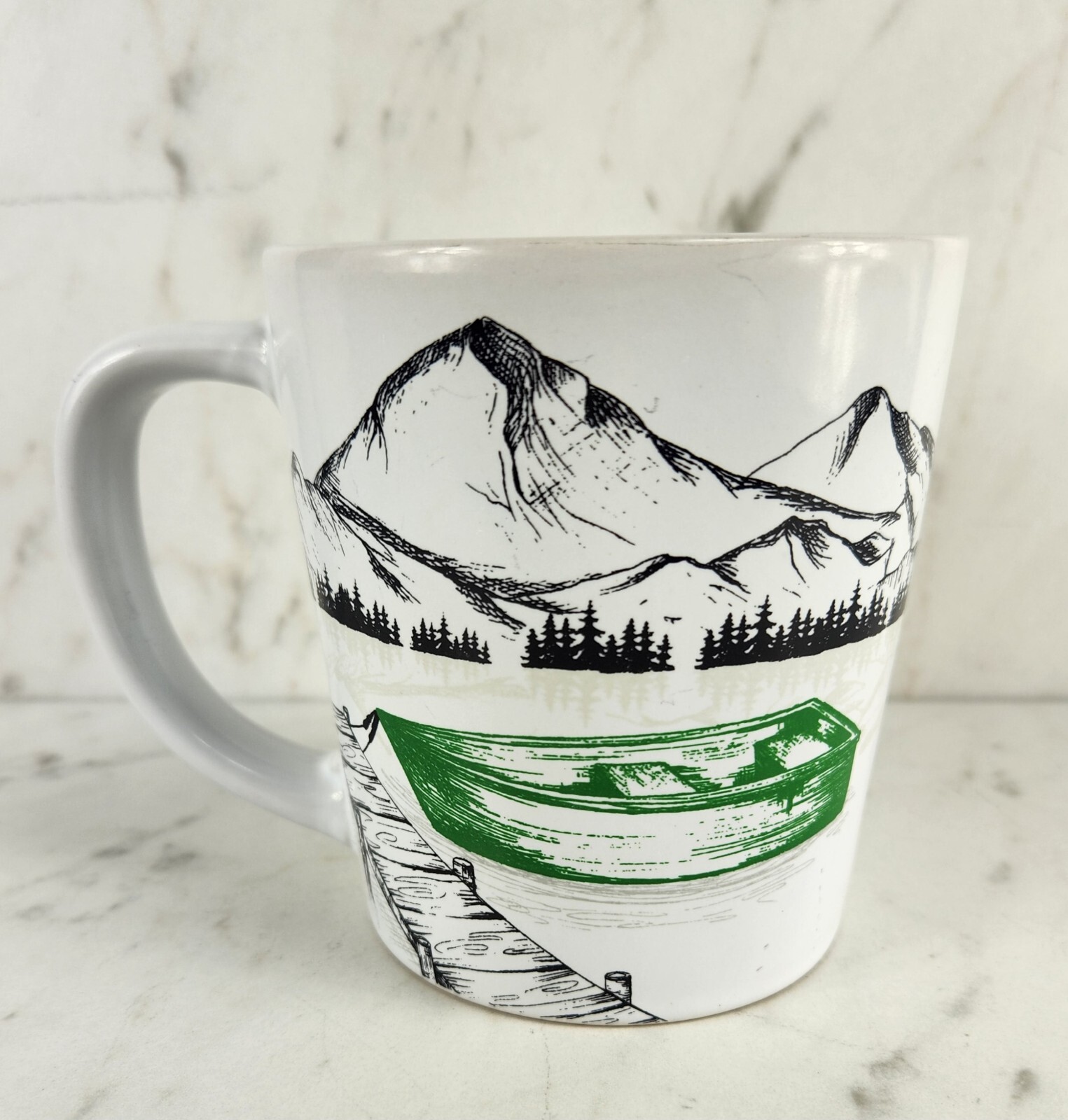 Tim Hortons 2018 Lake Boat Mountains Coffee Mug Tea Cup Green White Black