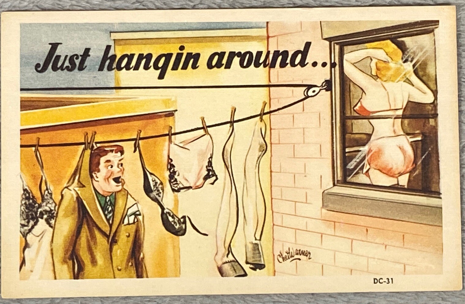 Vintage DC-31 Colorcraft Just Hanin Around Postcard Unposted Risque Dexter Press