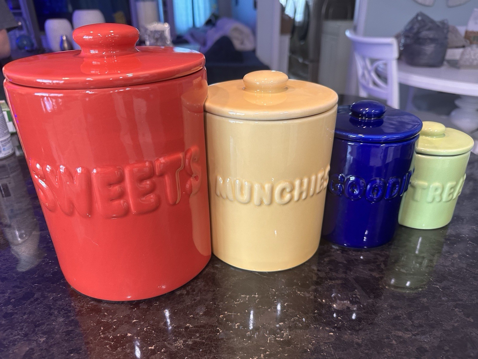 VTG Ceramic 4 Canister Set Colorful Kitchen Retro “ Munchies” “Treats” “Sweets”