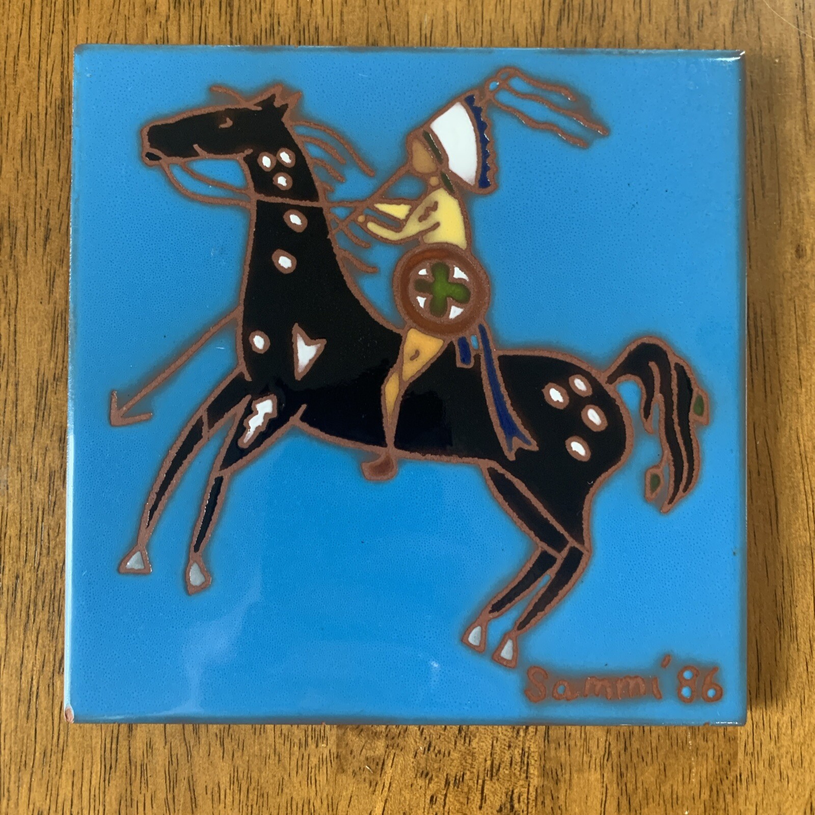 Vintage Tile Native American On Horseback Signed 1986 Made In Italy