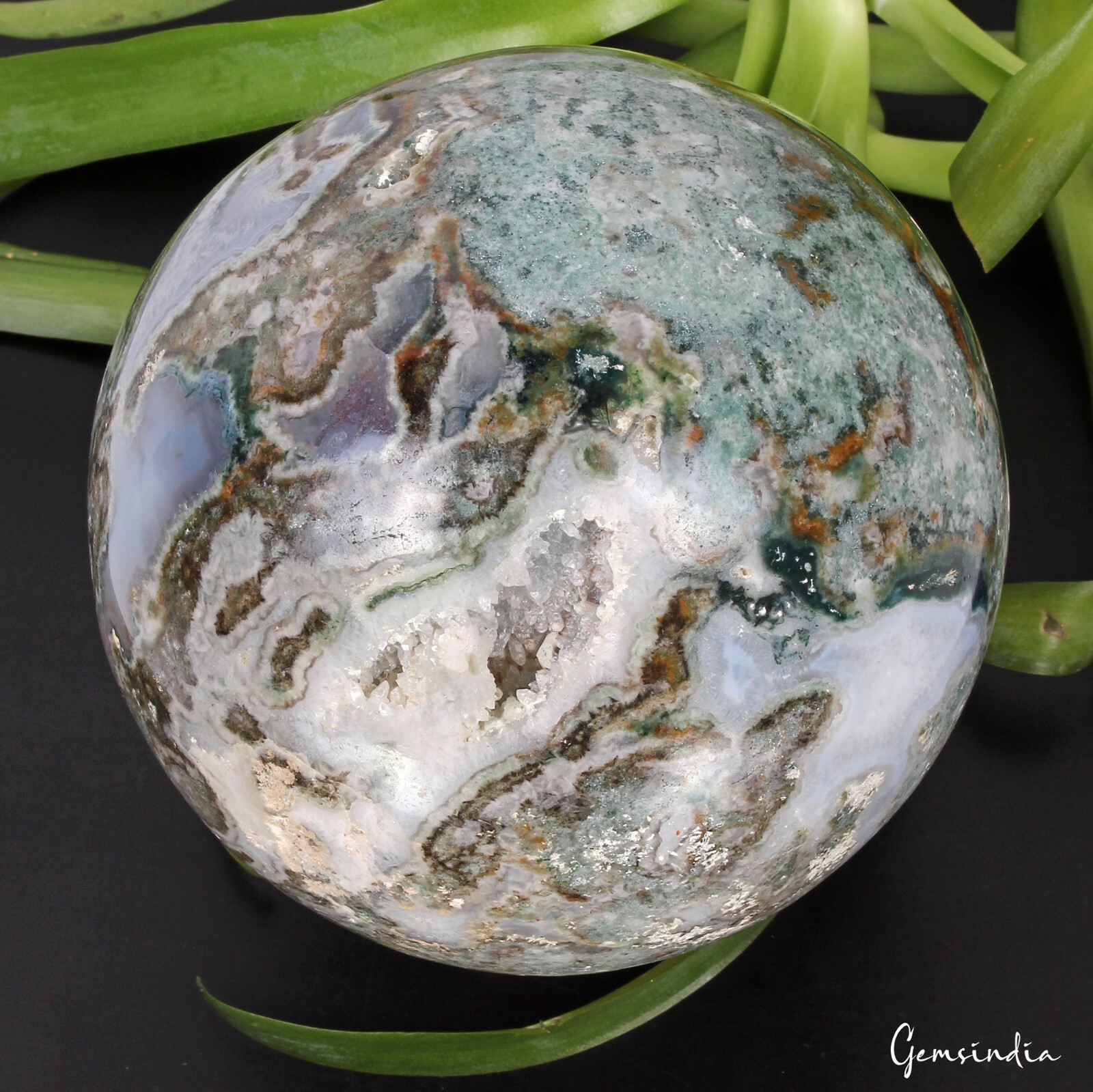 4.25 in Large Natural Moss Agate Geode Druzy Sphere Quartz Crystal Ball Healing