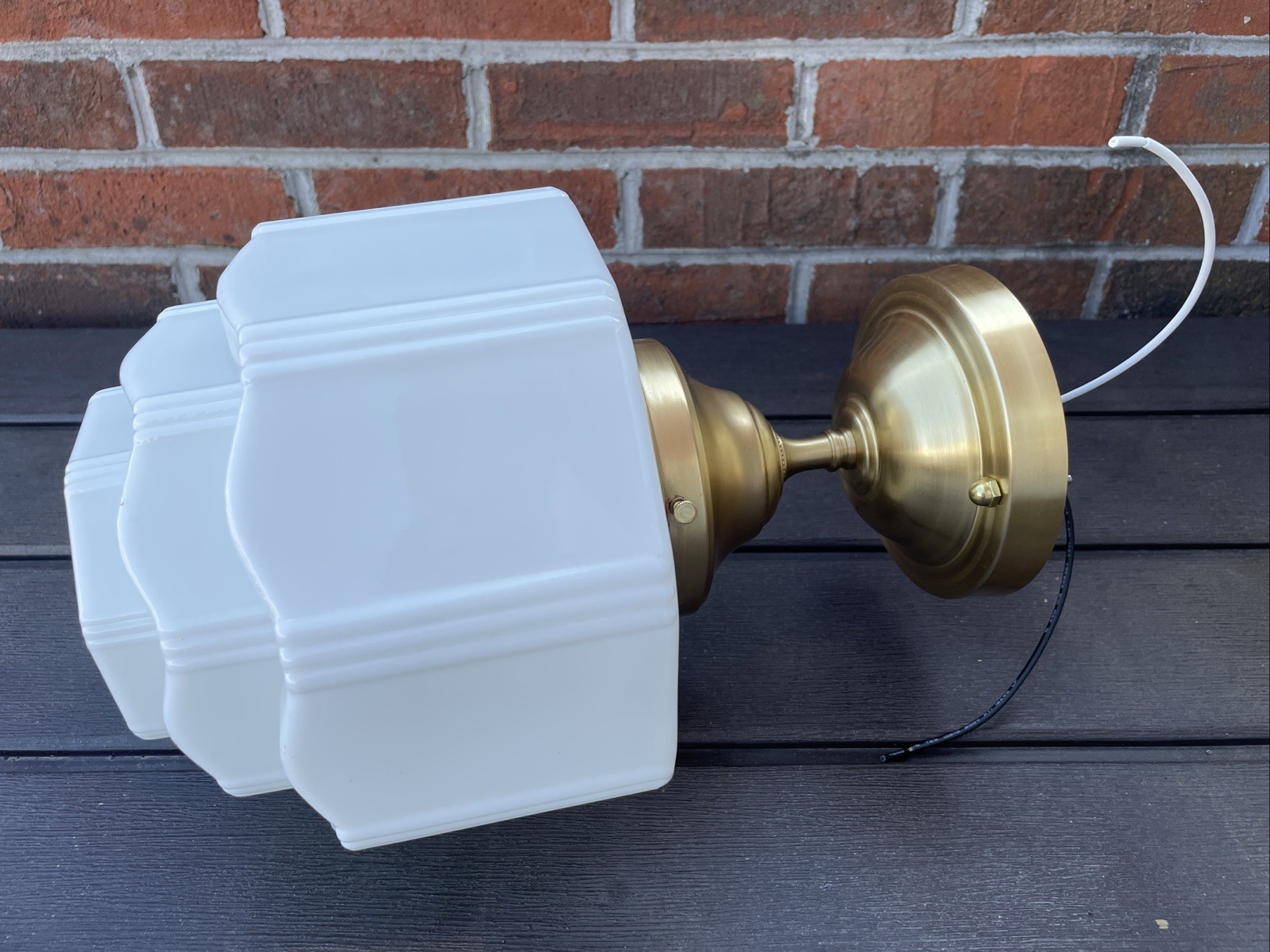RESTORED Antique Vtg Art Deco Ceiling Light Skyscraper Schoolhouse Milk Glass 8″