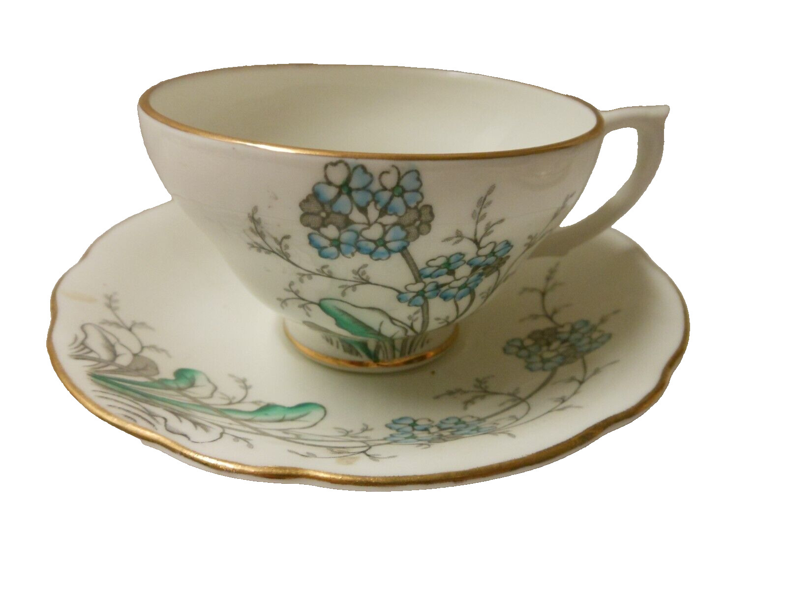 CLARANCE Bone China England Forget Me Not Tea Cup Saucer Blue 1940S 2.25″ H