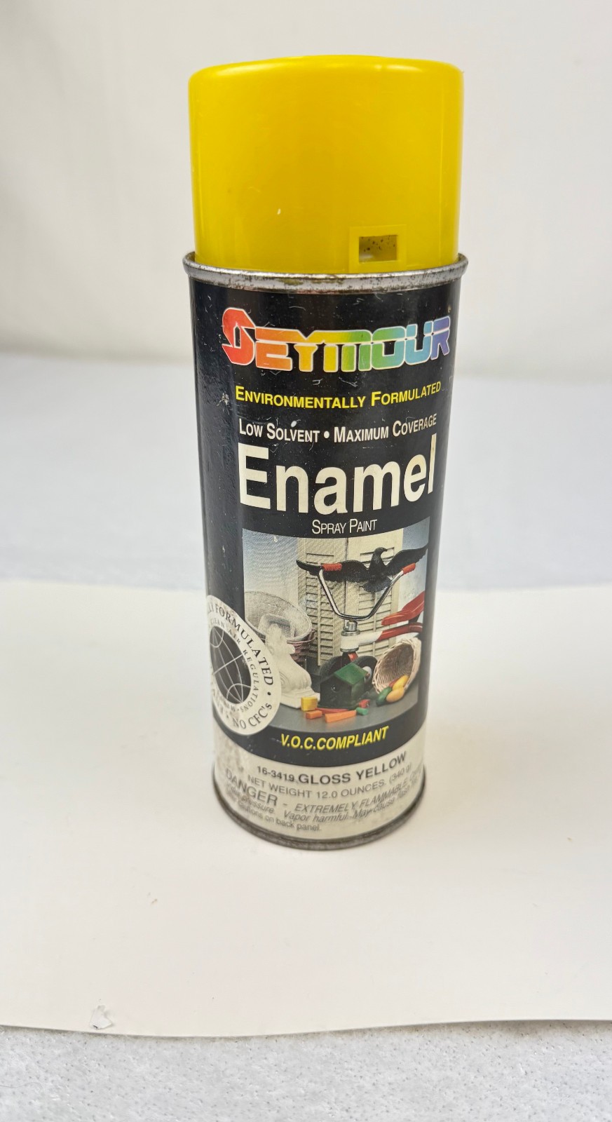 VINTAGE SEYMOUR ENAMEL SPRAY PAINT – GLOSS YELLOW – EMPTY – COLLECTORS ITEM