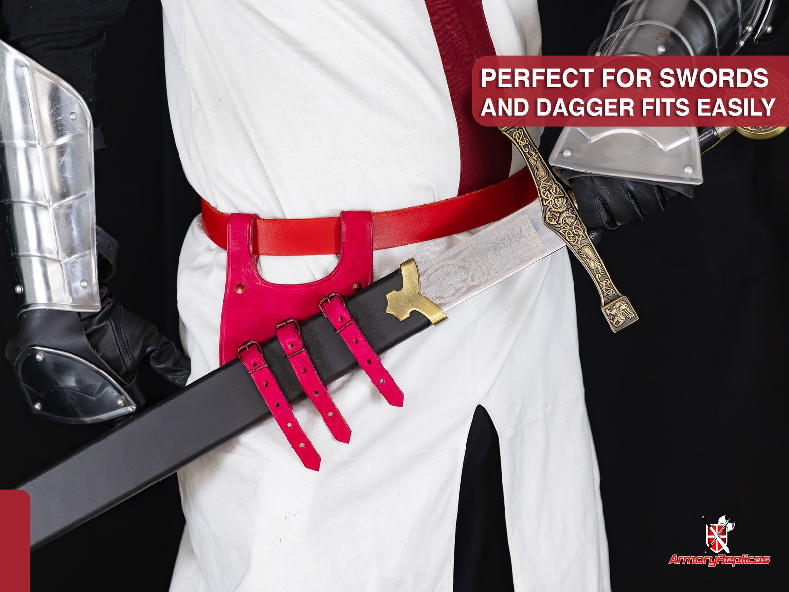 Medieval Functional Ace Dueler 3-Strap Genuine Leather Sword Frog Adjustable L/R