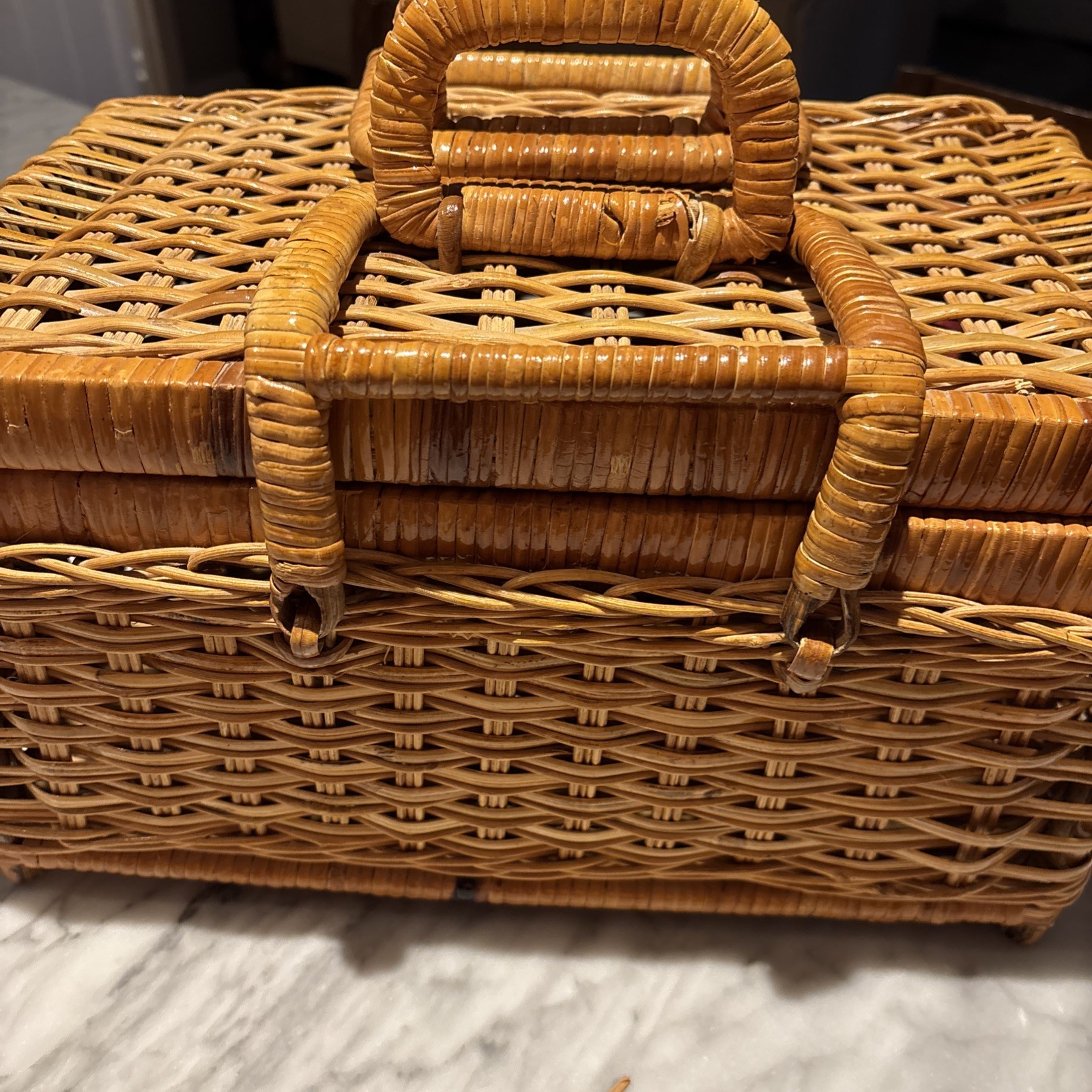 Vintage Wicker Picnic Basket Suitcase Boho Storage Farmhouse Cottage 14.5 x 9×8”