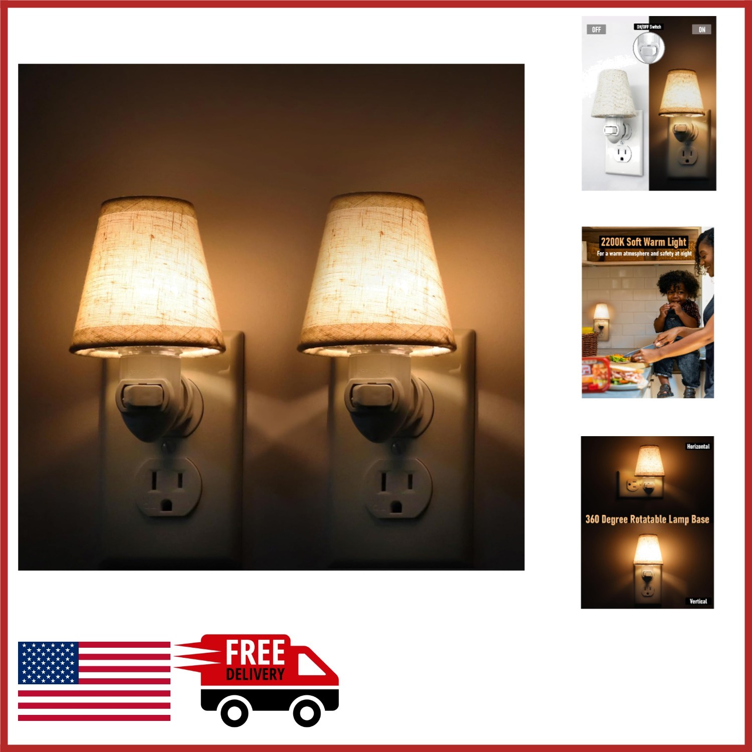 Energy Efficient Plug-in Night Light with 360-Degree Rotation Beige Shade