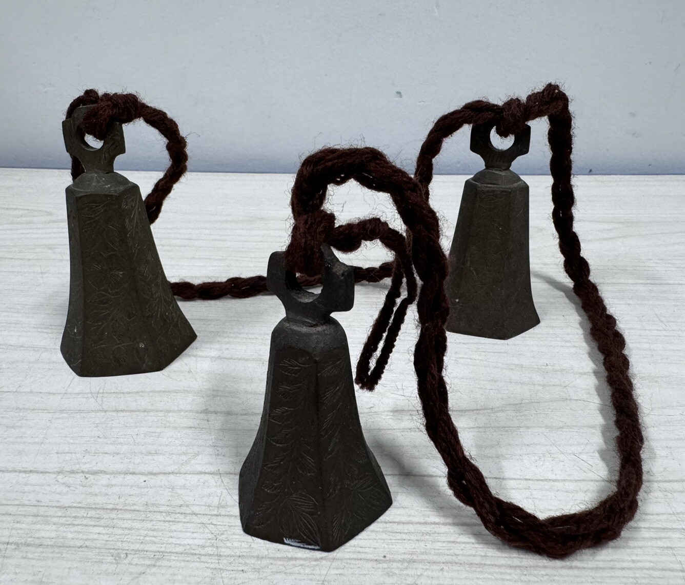 3 Vintage Bells 2.5 To 3.5 Inches Tall With Intricate Engraved Flower Pattern