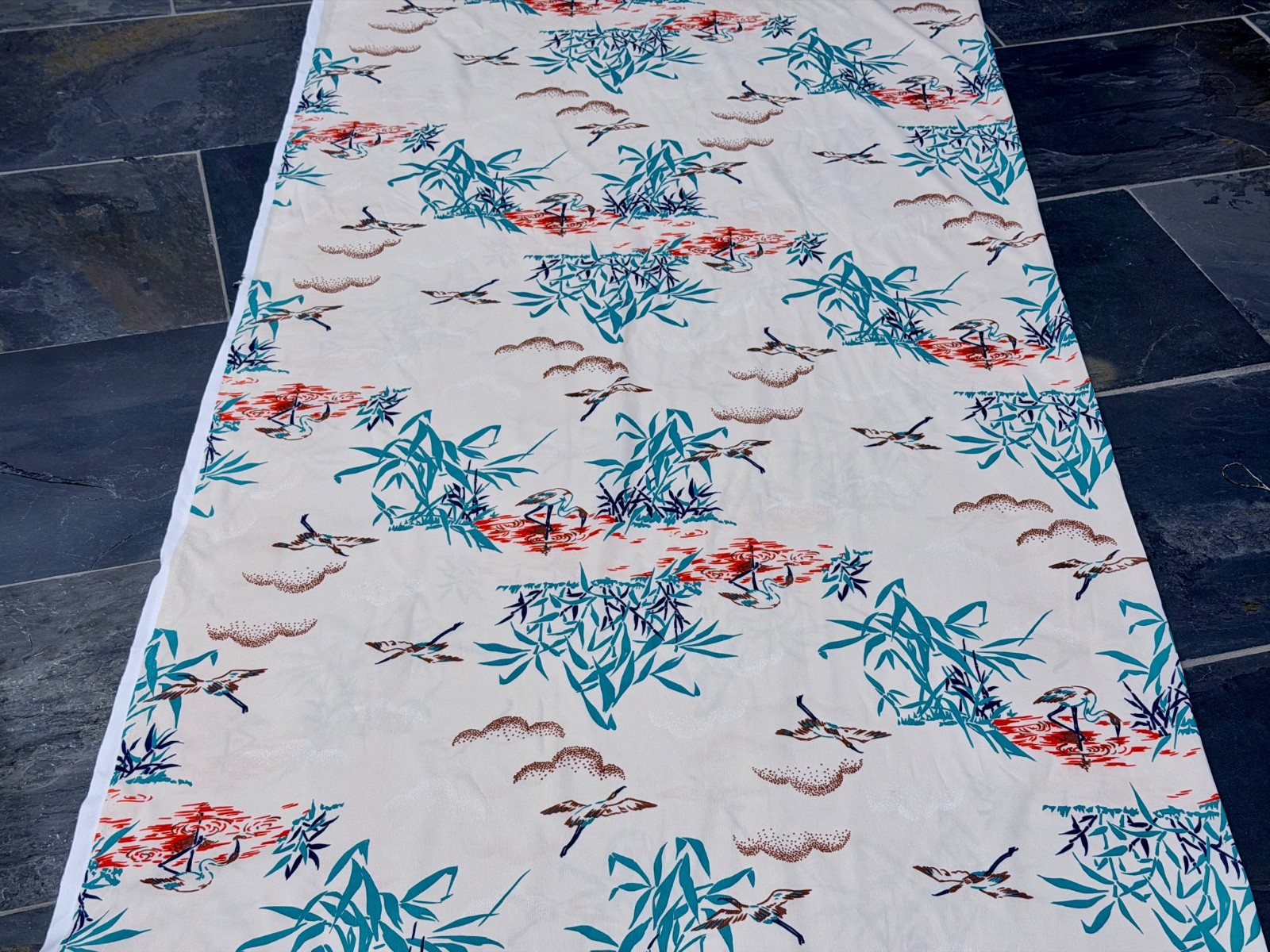 50’s 60’s Flamingo & Geese in Tide Pools Polyester Barkcloth Era Vintage Fabric
