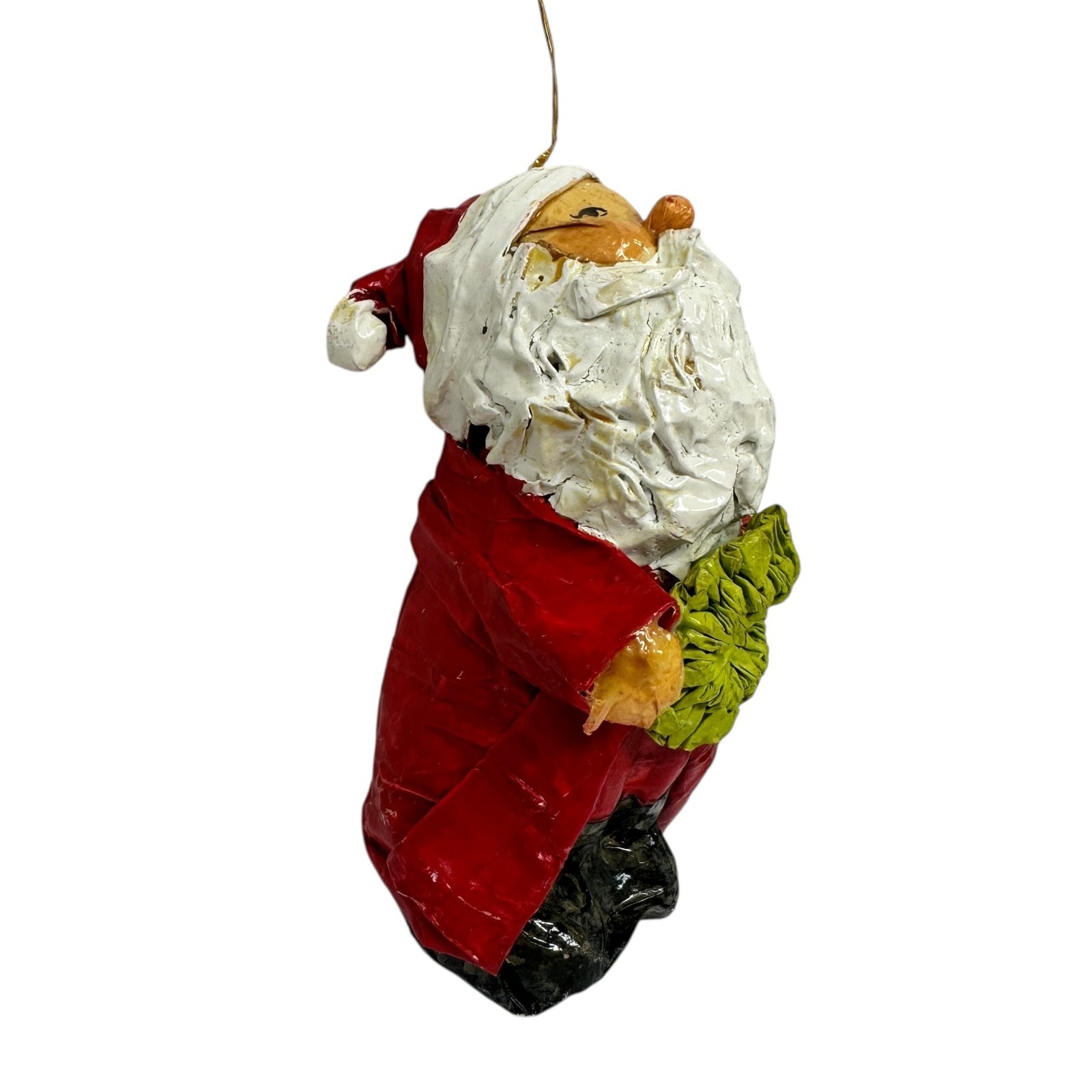 Vintage 60s Handmade Papier Mache Santa Ornament Burlap Sack Wreath Christmas