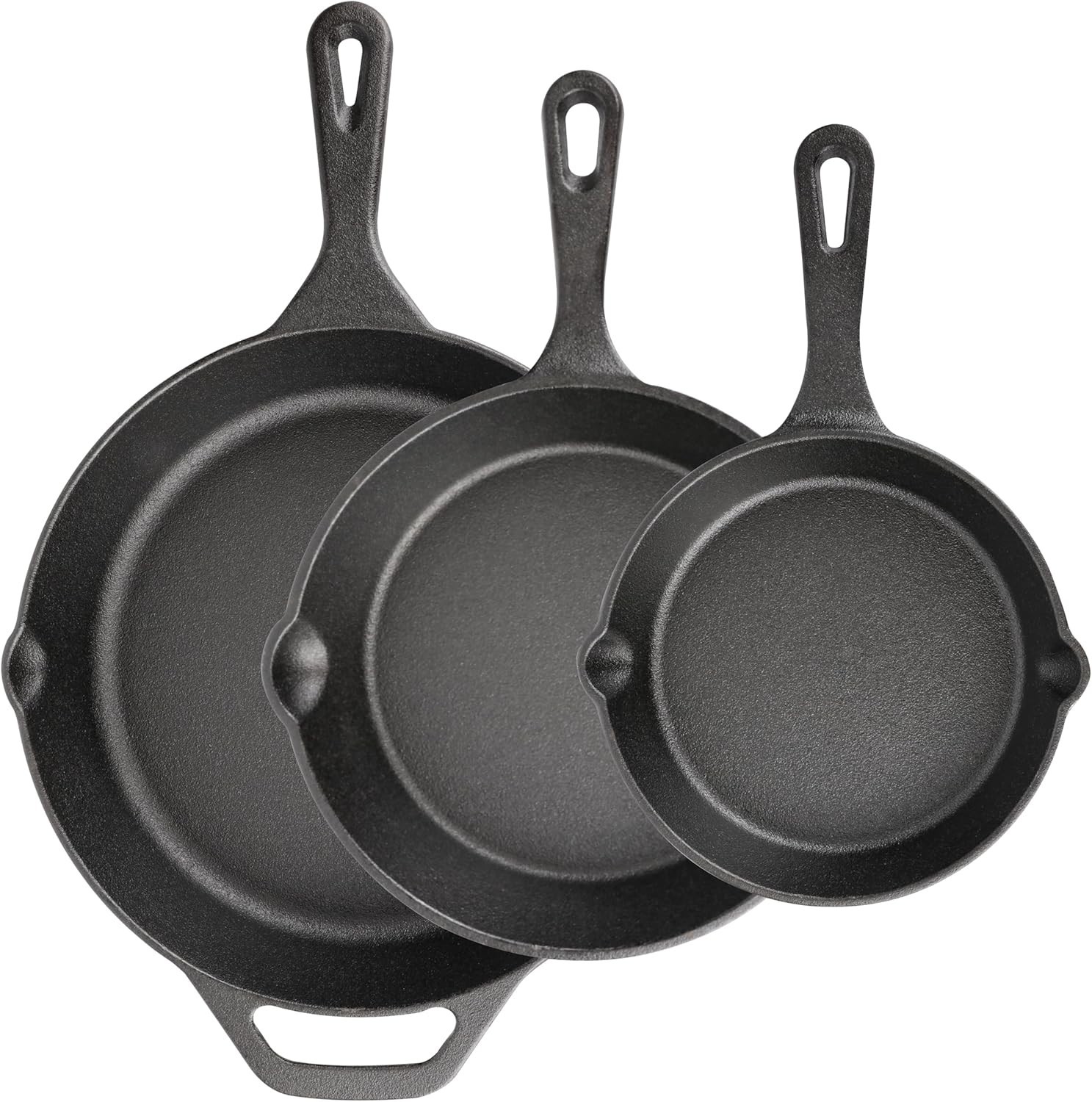 Cast Iron Skillet 3-Piece Set, 6″, 8″, 10″ Frying Pans, Heavy-Duty Pre-Seasoned