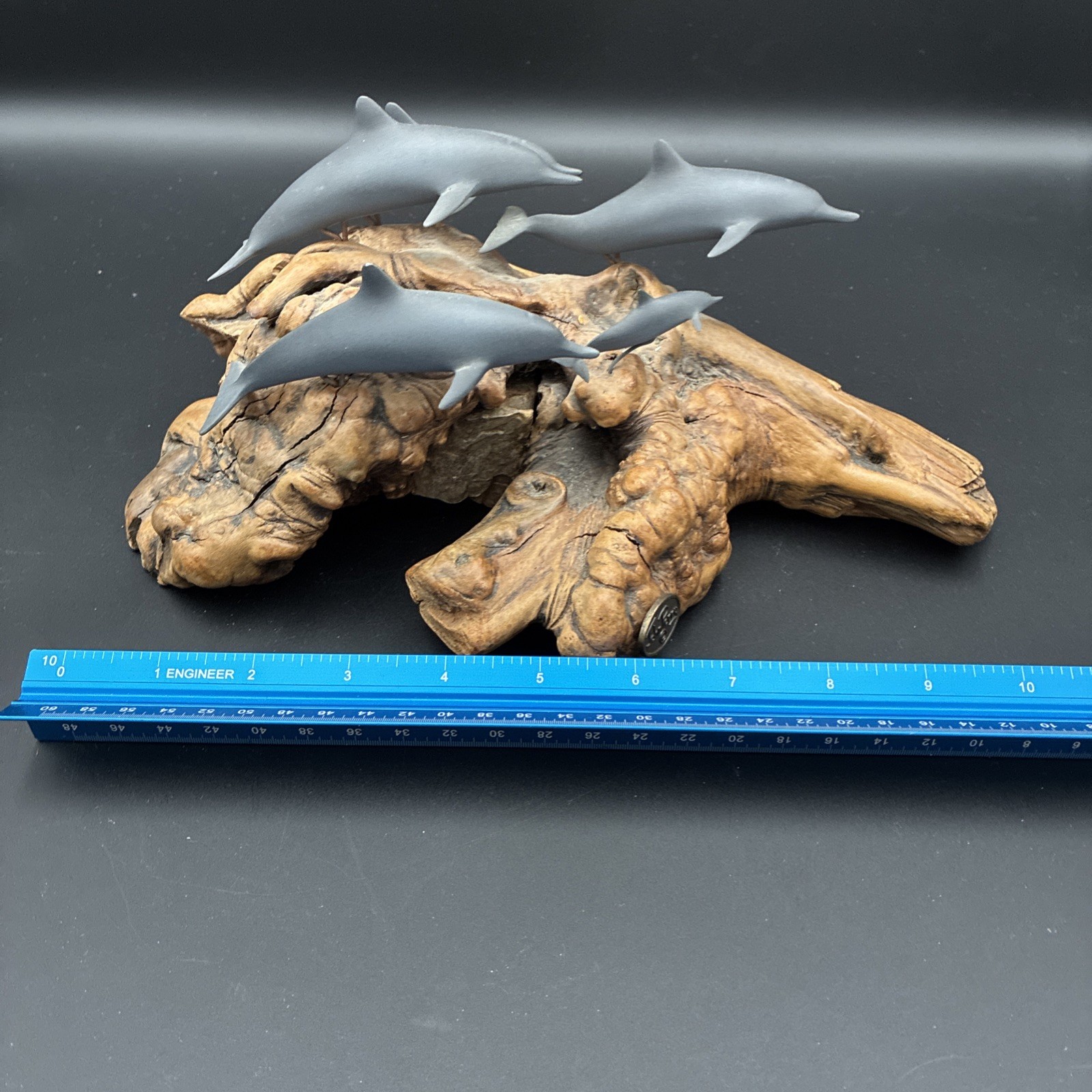 Vintage John Perry Burl Wood Driftwood Dolphin Family Sculpture With 5 Dolphins