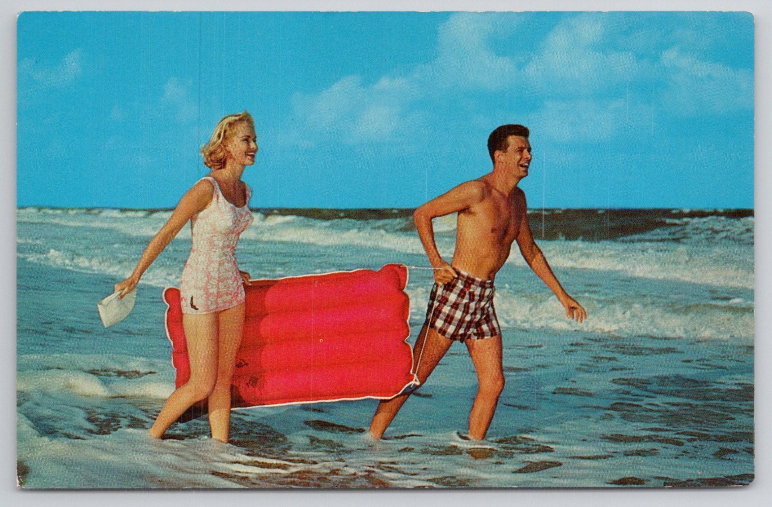 Vintage “Ready to Ride the Surf” Beach Couple Inflatable Raft Postcard