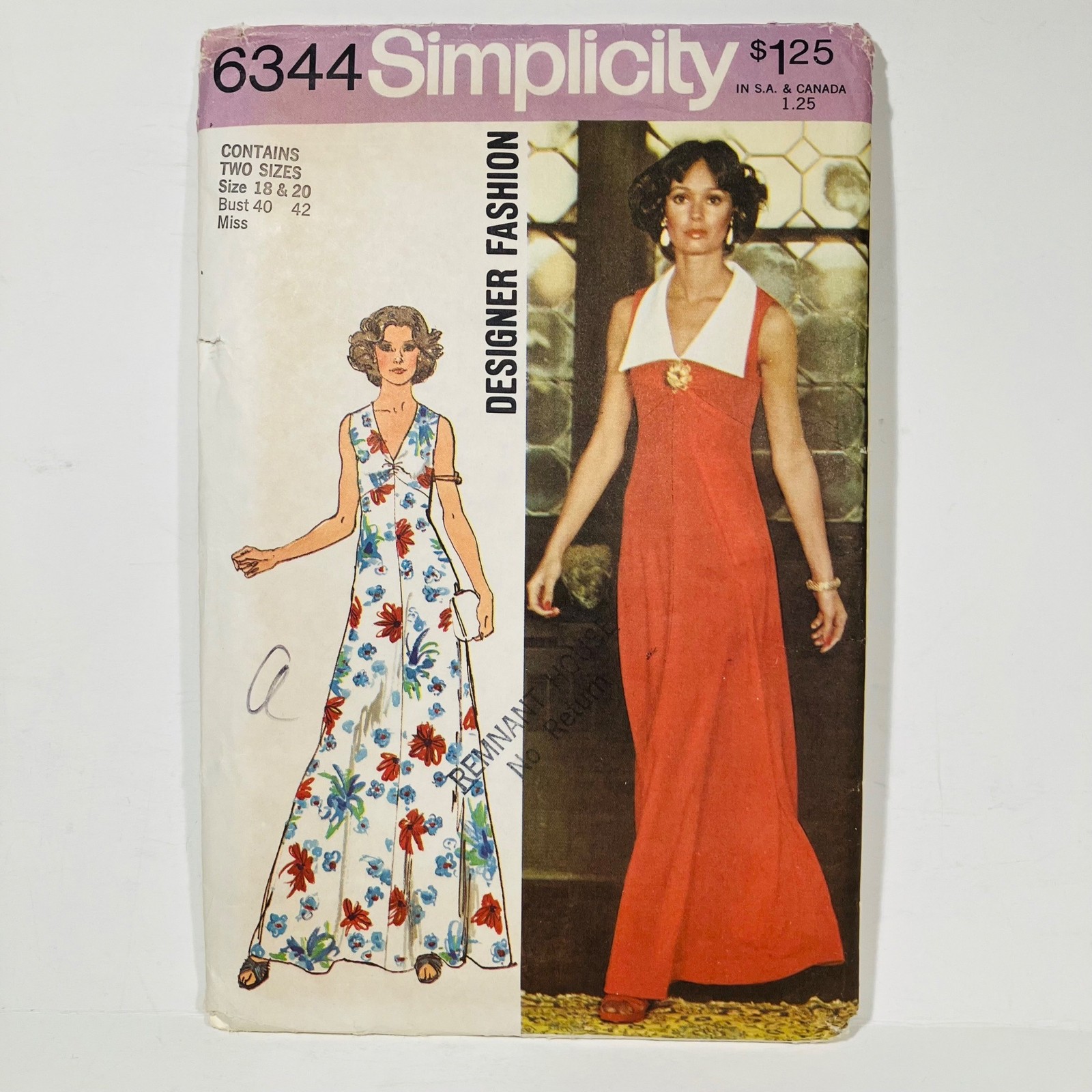 70s Simplicity 6344 18-20 Empire Waist V-Neck Maxi Dress Vintage Sewing Pattern