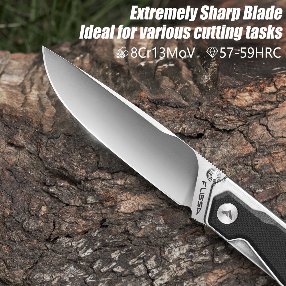 FLISSA Pocket Folding Knife G10 Handle Removable Pocket Clip 3.2″ 8Cr13MoV Blade