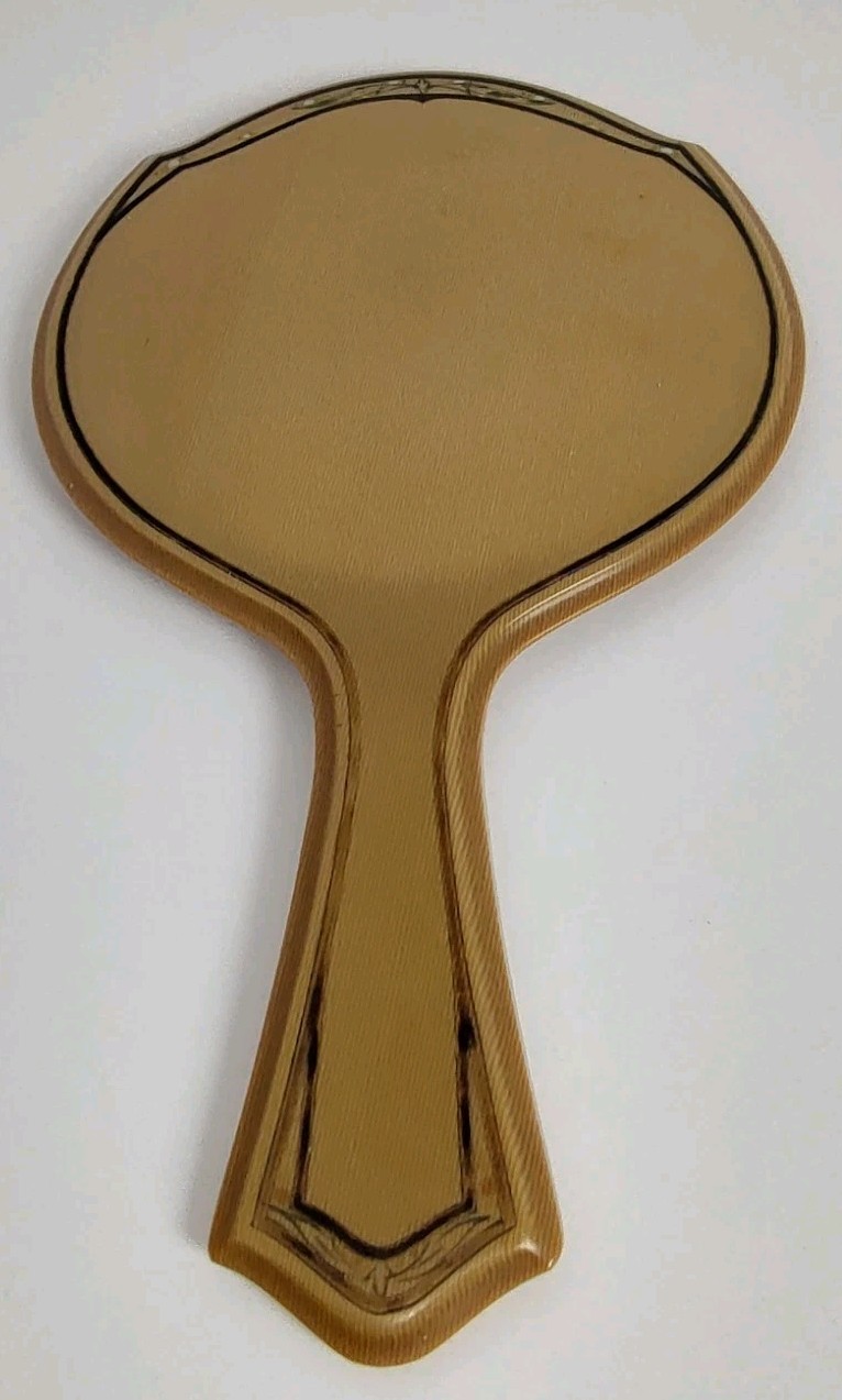Vintage MCM Faux Woodgrain Hand Mirror Retro Vanity Dresser Acrylic Mirror