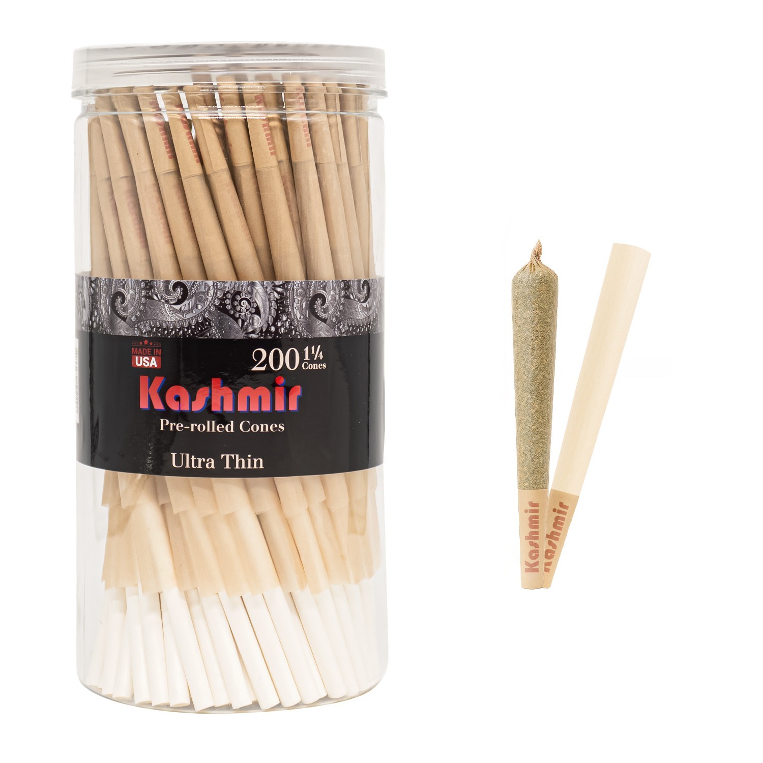 Kashmir Pre Rolled Cones 200 Ct Jar 1 1/4 Size Ultrathin Rolling Papers Cones