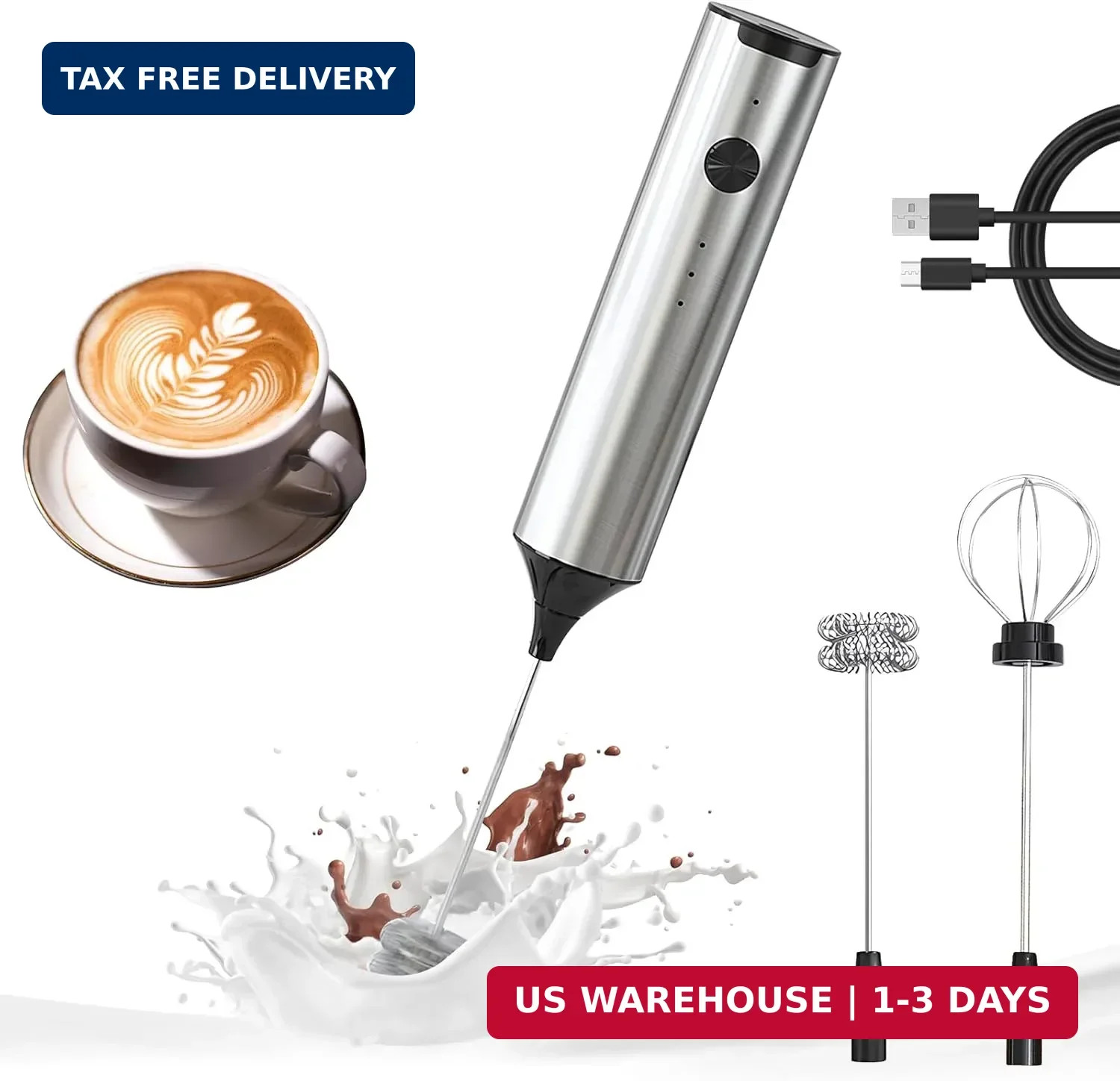 Rechargeable Milk Frother Wand Handheld, 3 Speed Adjustable Electric Drink Mixer