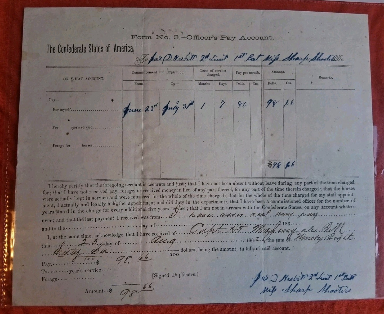 CONFEDERATE LIEUTENANT MISSISSIPPI SHARPSHOOTER KIA SIGNED CSA PAY DOC. Letter