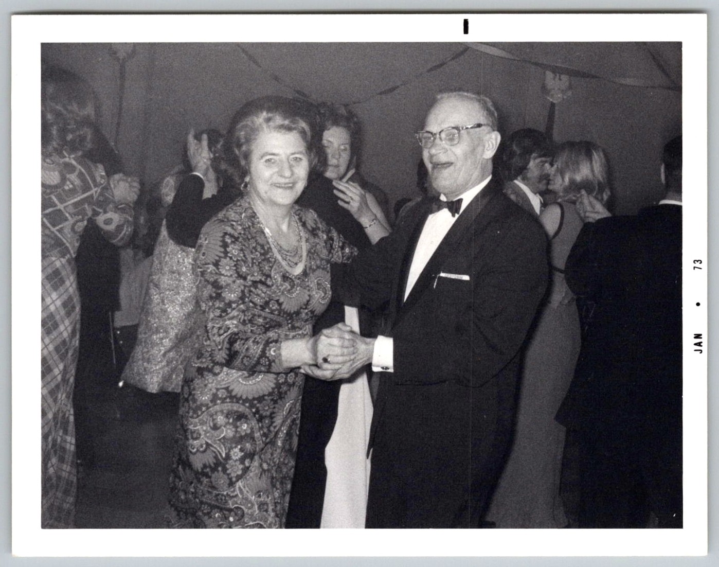 Vtg B&W Snapshot Couple Dancing Formal Tuxedo Paisley Dress Palmer House 1973