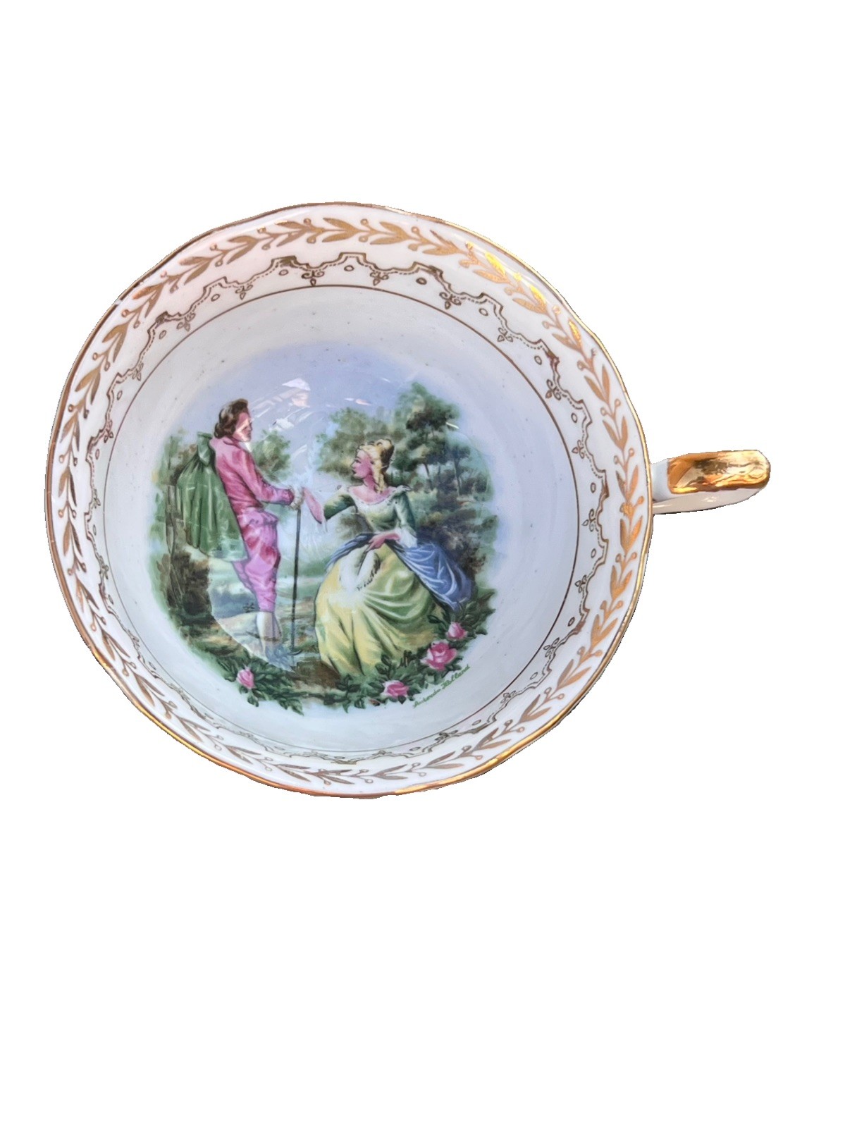 Aynsley England Courting Couples Tea Cup Saucer Set Gold Fine Bone China Vtg