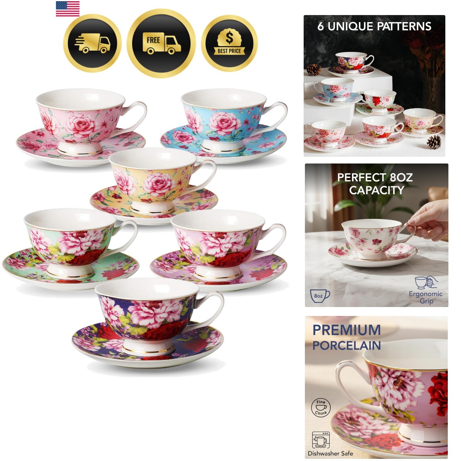 Tea Cups and Saucers Set 6 Floral Bone China 8 oz Porcelain Dishwasher Safe