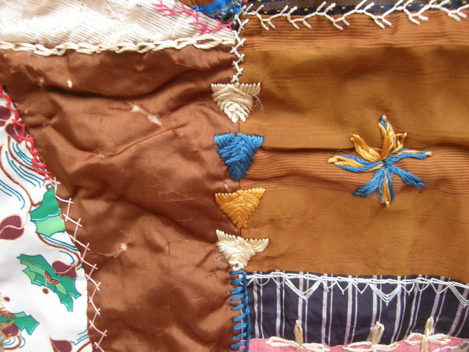 Antq Crazy Quilt HandSewn Silks& Fabrics SO MANY Embroidery Stitches 84×84″ READ