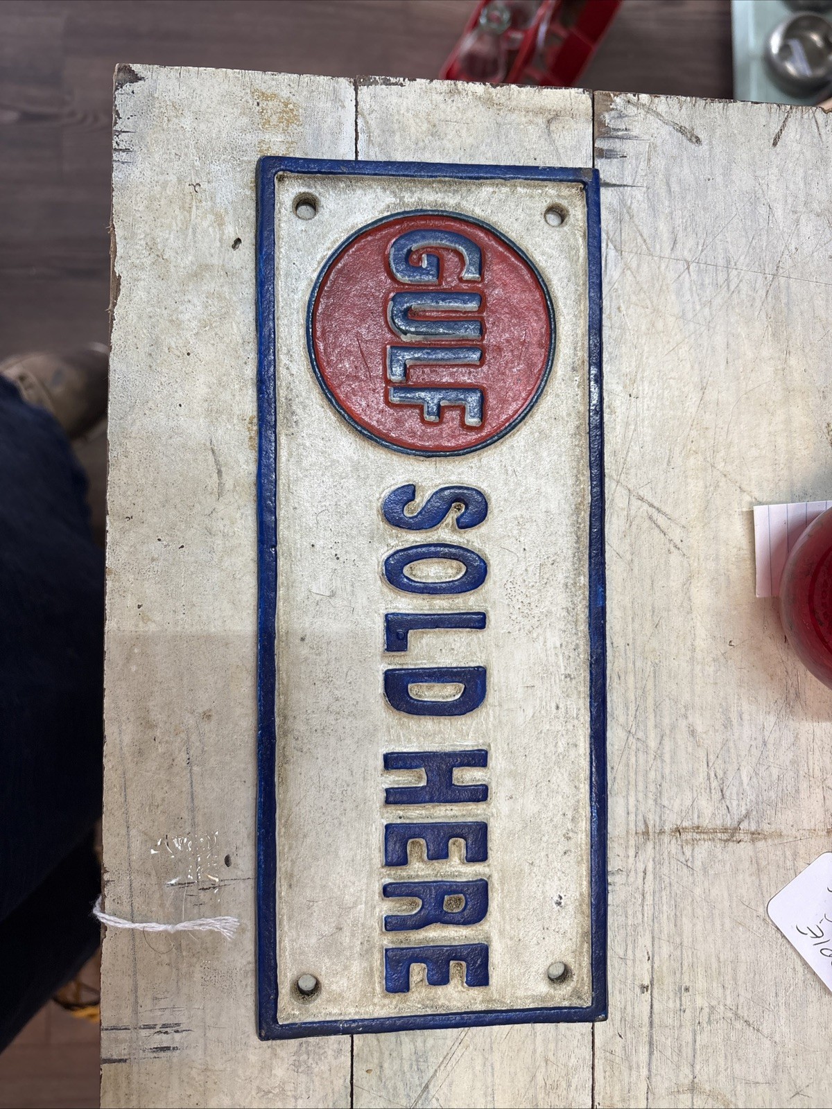GULF SOLD HERE HEAVY CAST METAL SIGN 9 3/4″ X 4″ X. 1/4″ THICK CAST SIGN NICE