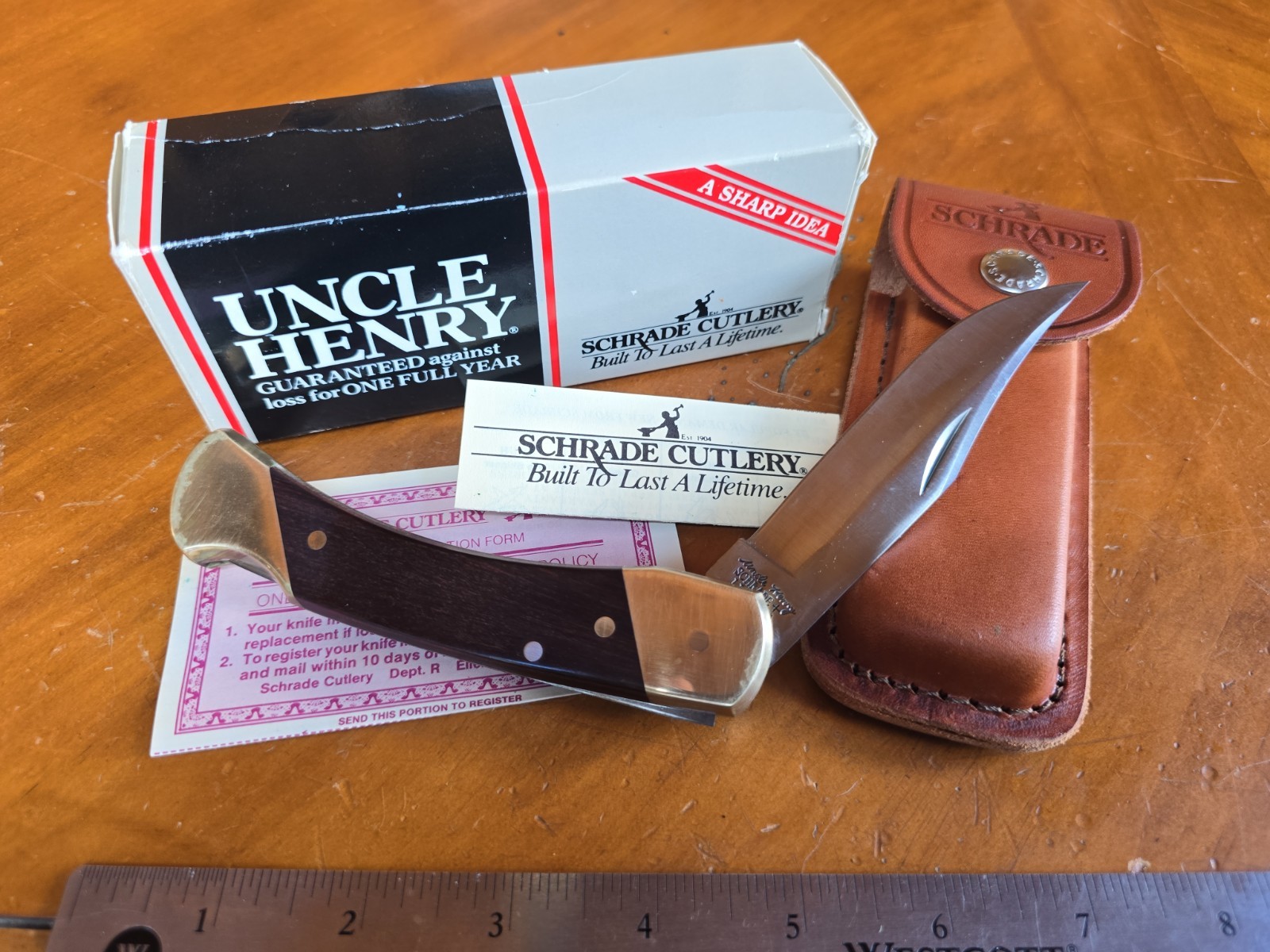 Schrade+ USA LB7 Uncle Henry Bear Paw Lock Back Knife 1980s w Sheath Box Papers