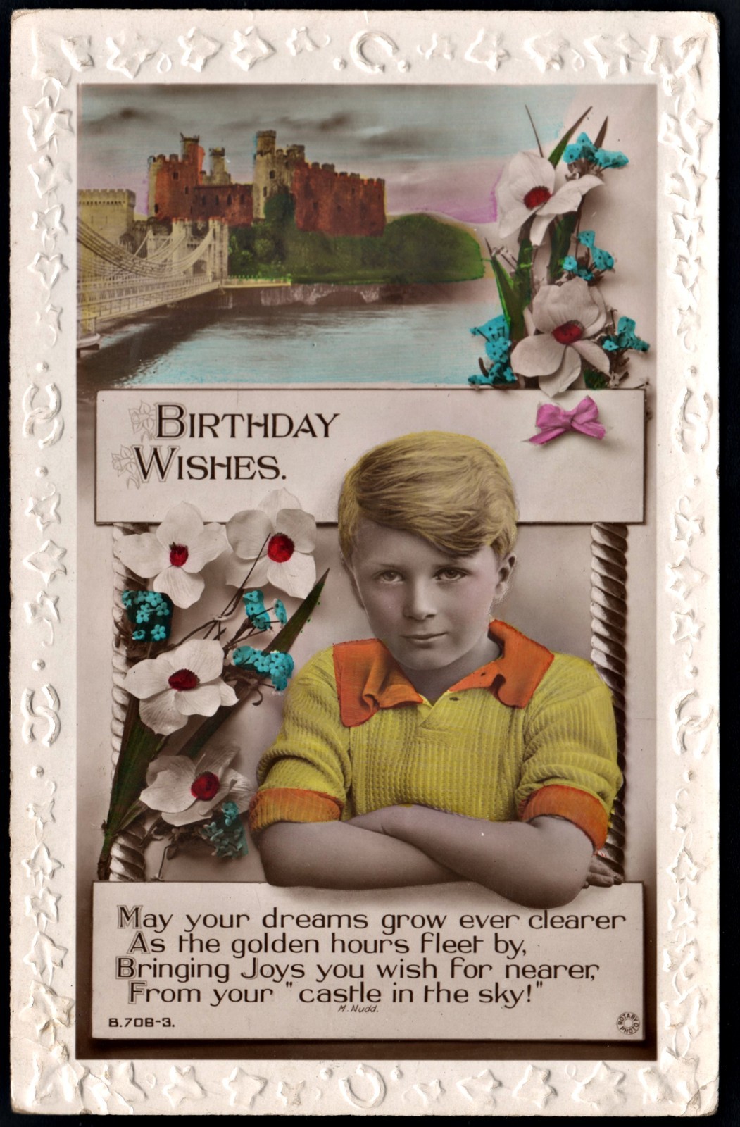 1925 Rotary Photo Embossed Birthday Wishes Postcard Boy Castle King George V