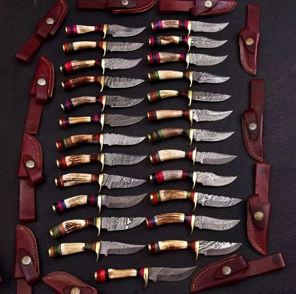 Lot of 50, 6 Inches Handmade Damascus Steel Skinner Knives Stag Handle W/Sheaths
