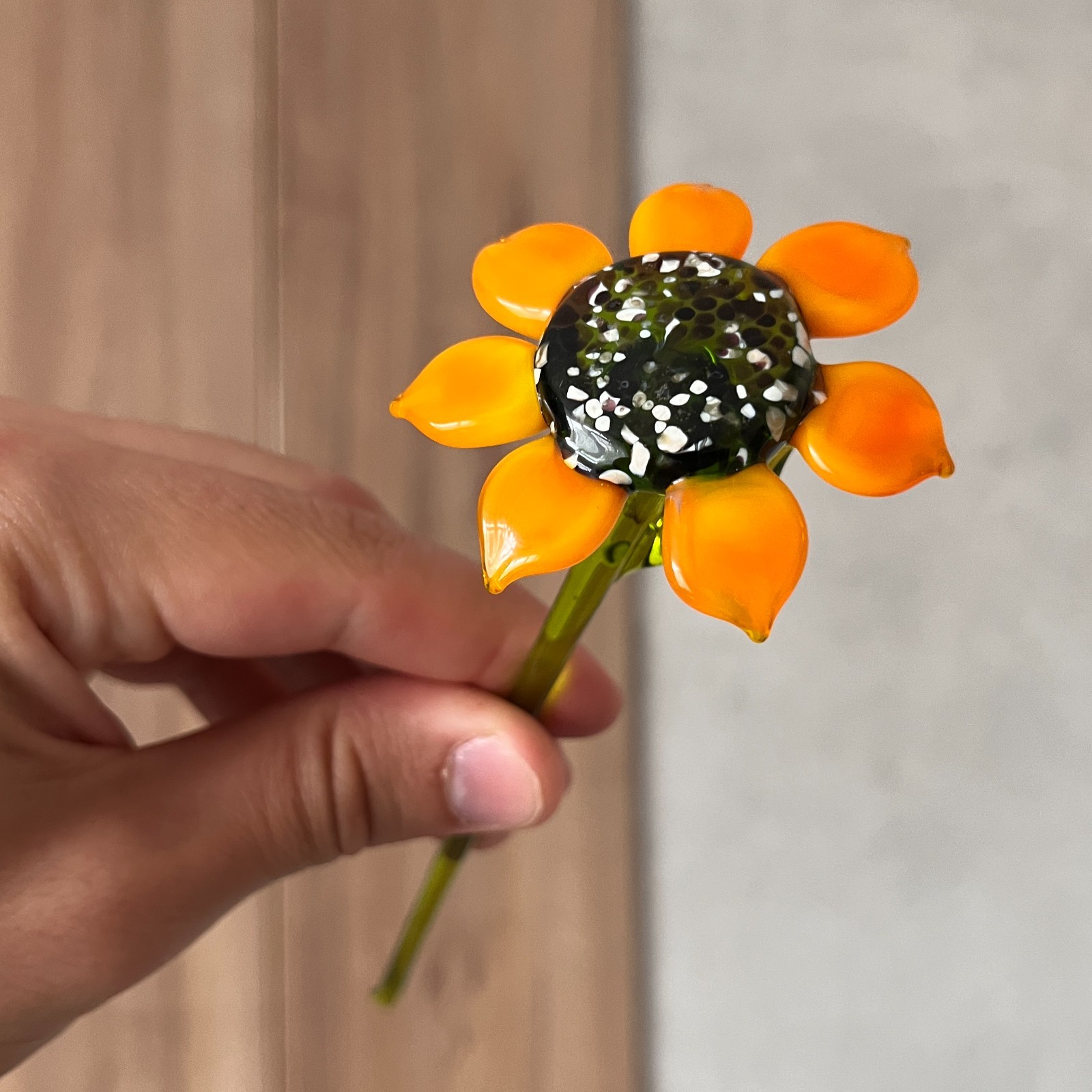 Orange Glass Sunflower Figurine Hand Blown Flower Long Stem Gift