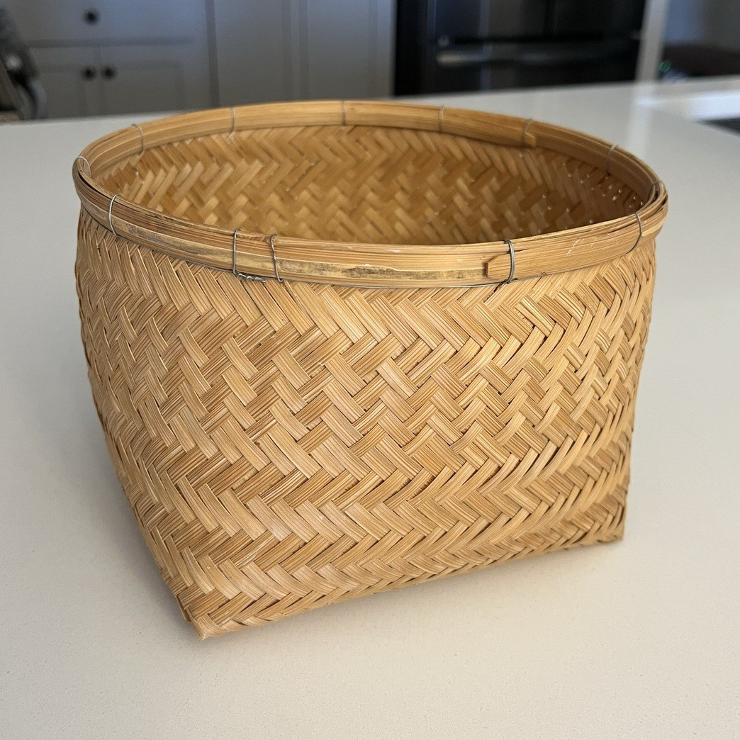 Woven Bamboo Oval Storage Basket Brown Natural Finish Traditional Style