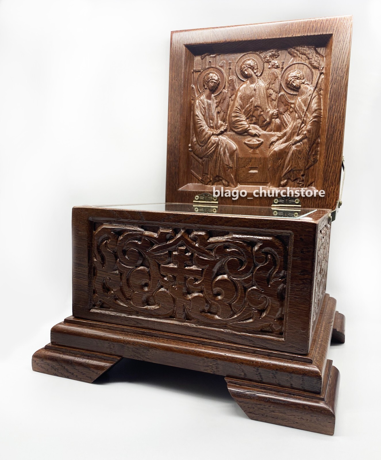 Orthodox Reliquary Box Wooden Carved Ark with icon Trinity Handcarved 7.87″