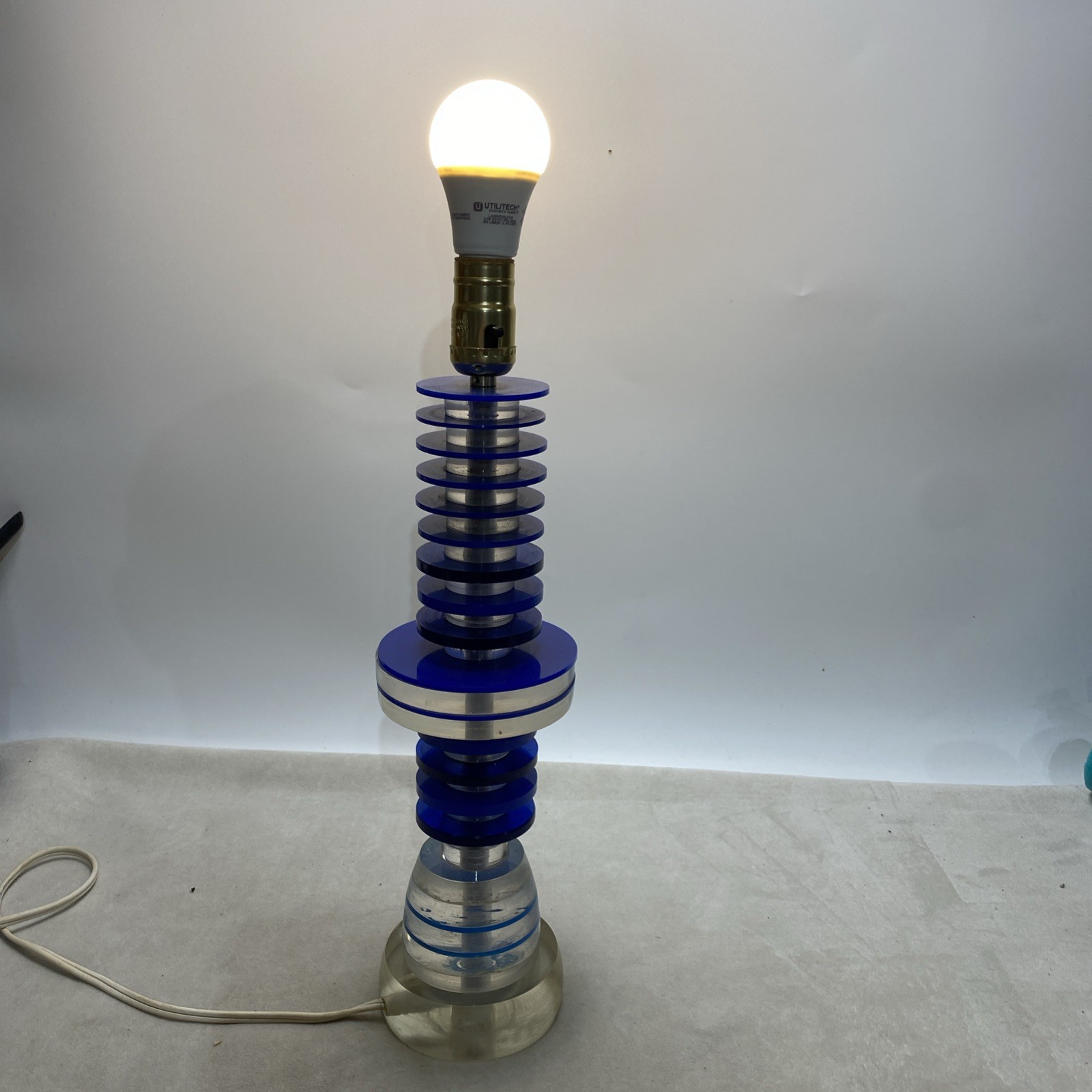 MCM Acrylic Stacked Lucite Table Lamp Blue Clear (Lamp Shade Not Included)