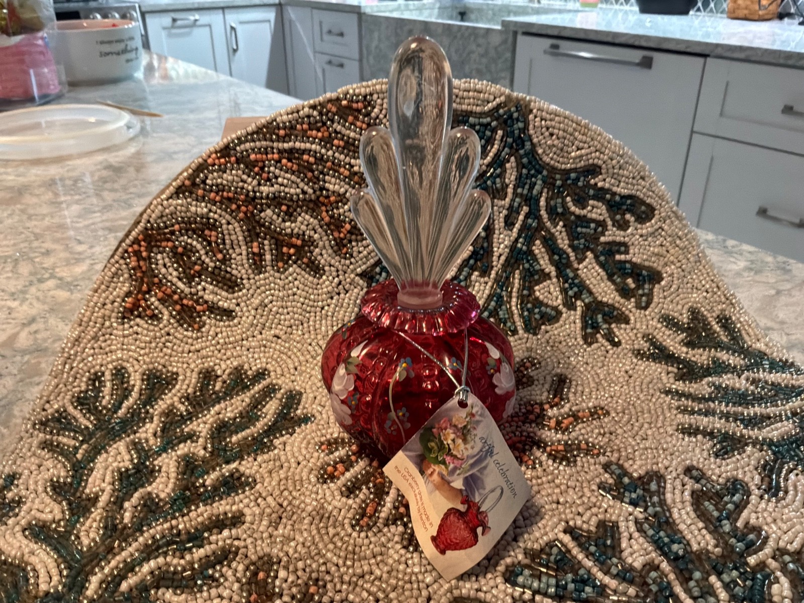 Vtg Fenton Cranberry Melon Perfume Bottle w/ Stopper Hand Painted/ Signed NWT