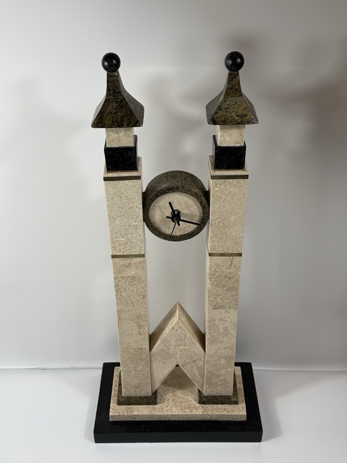 26” Maitland-Smith Tessellated Stone Architectural Mantel Clock Postmodern 1980s