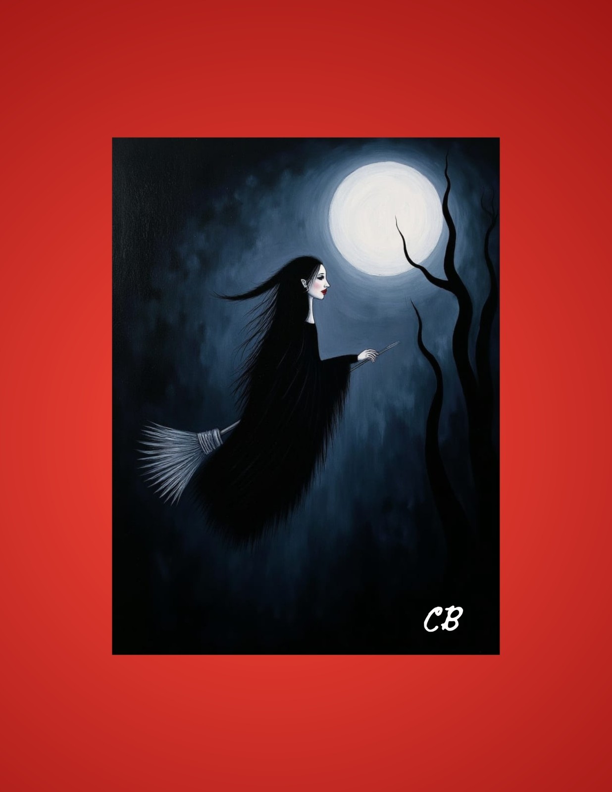 Witch With Broom | ACEO Art Card | Gothic Full Moon | Dark Folk Art Painting